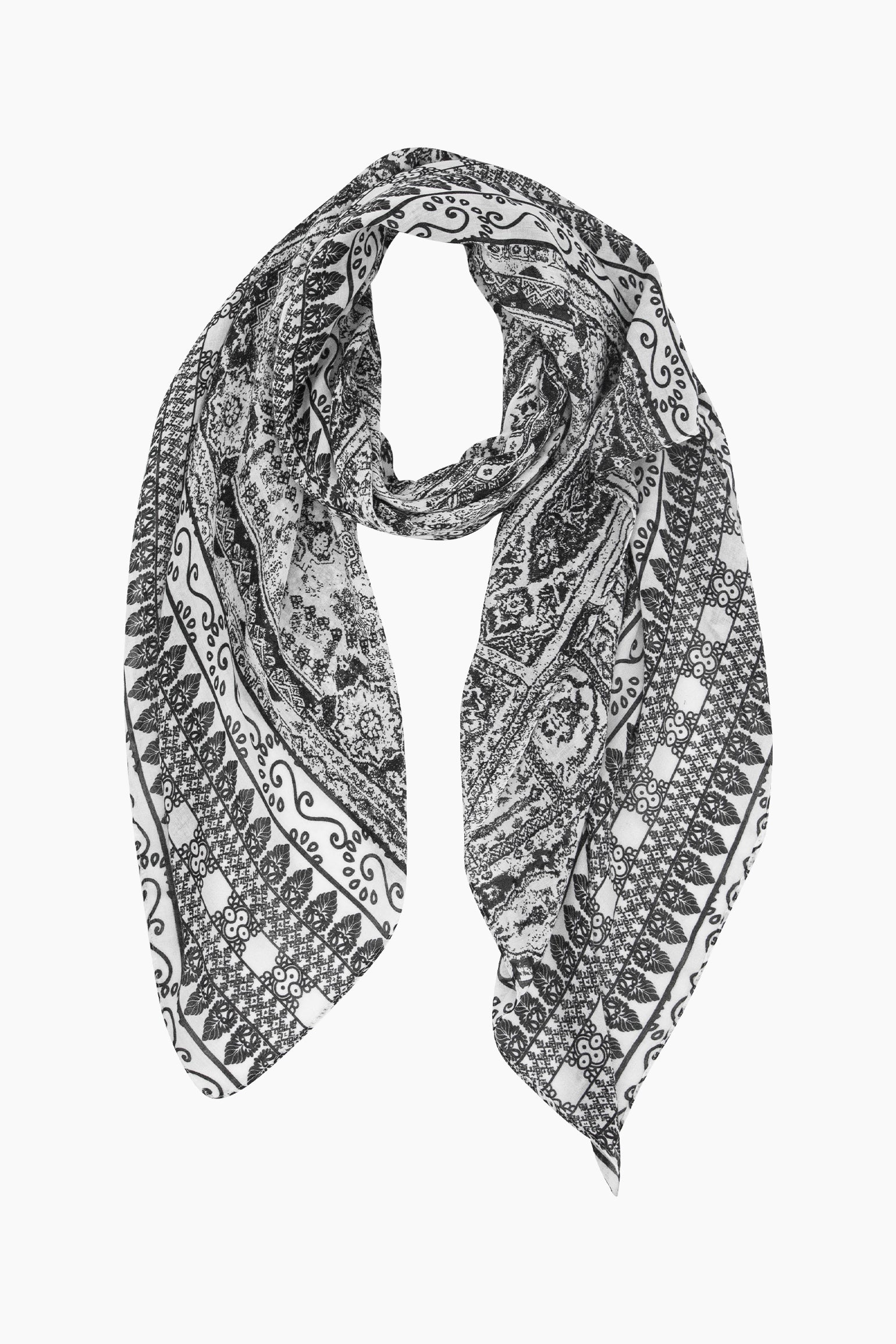Mediterranean-Tile-Print-Lightweight-Scarf-in-Black-Front