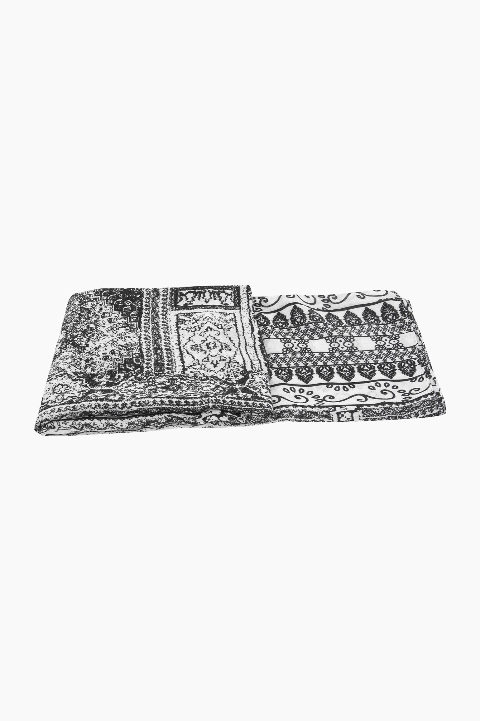 Mediterranean-Tile-Print-Lightweight-Scarf-in-Black-Folded-Flat