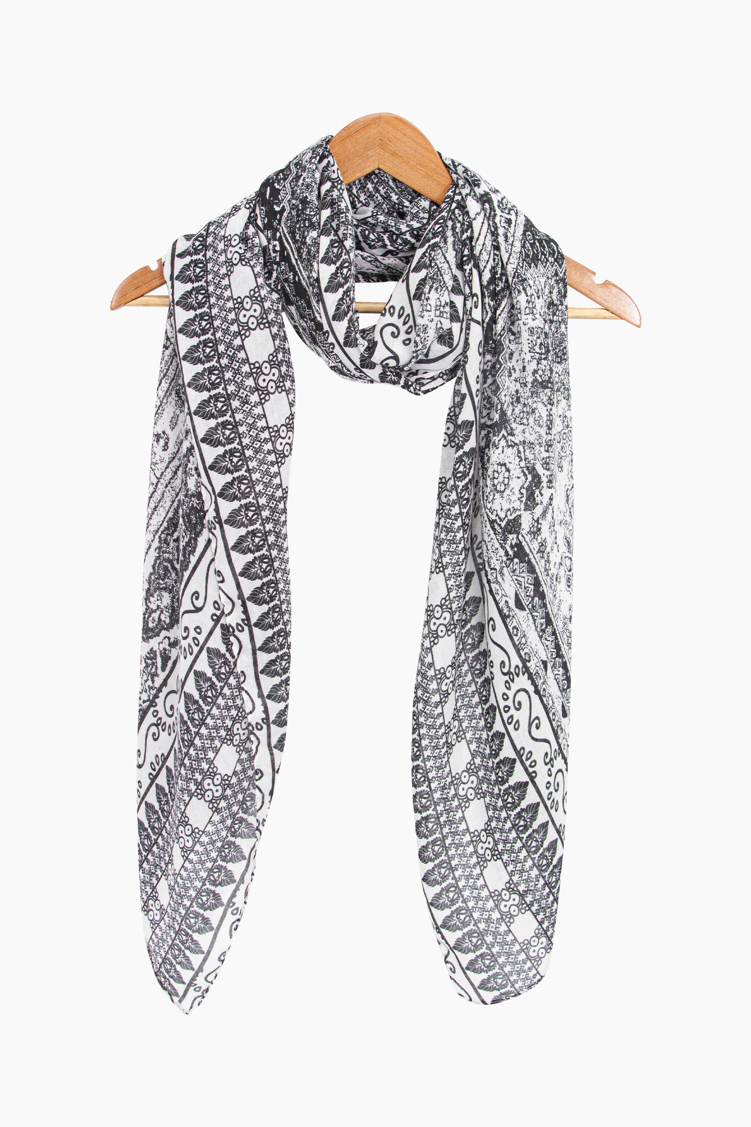 Mediterranean-Tile-Print-Lightweight-Scarf-in-Black-Draped
