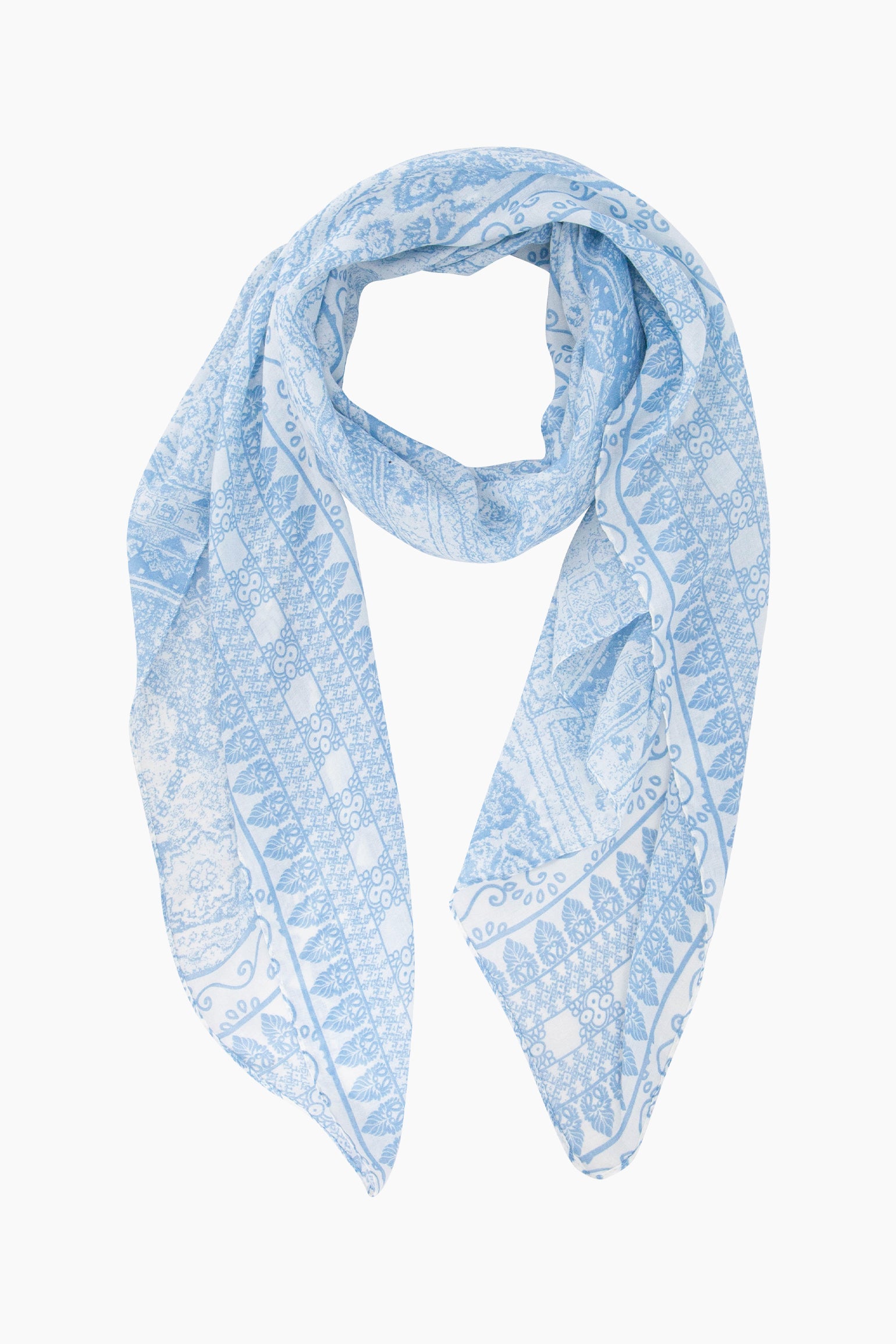 Mediterranean-Tile-Print-Lightweight-Scarf-in-Blue-Front