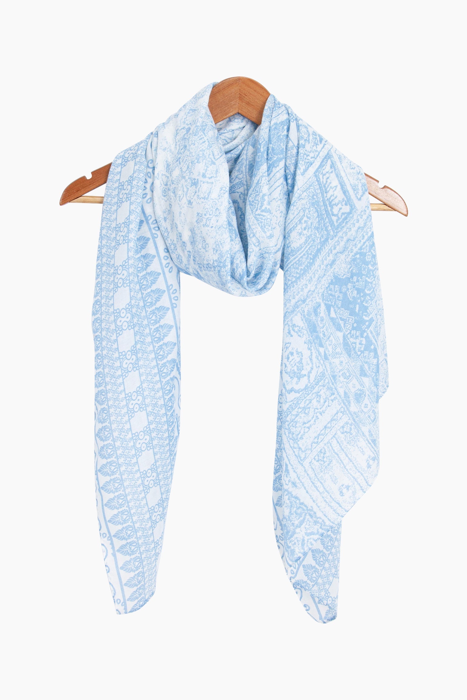 Mediterranean-Tile-Print-Lightweight-Scarf-in-Blue-Draped