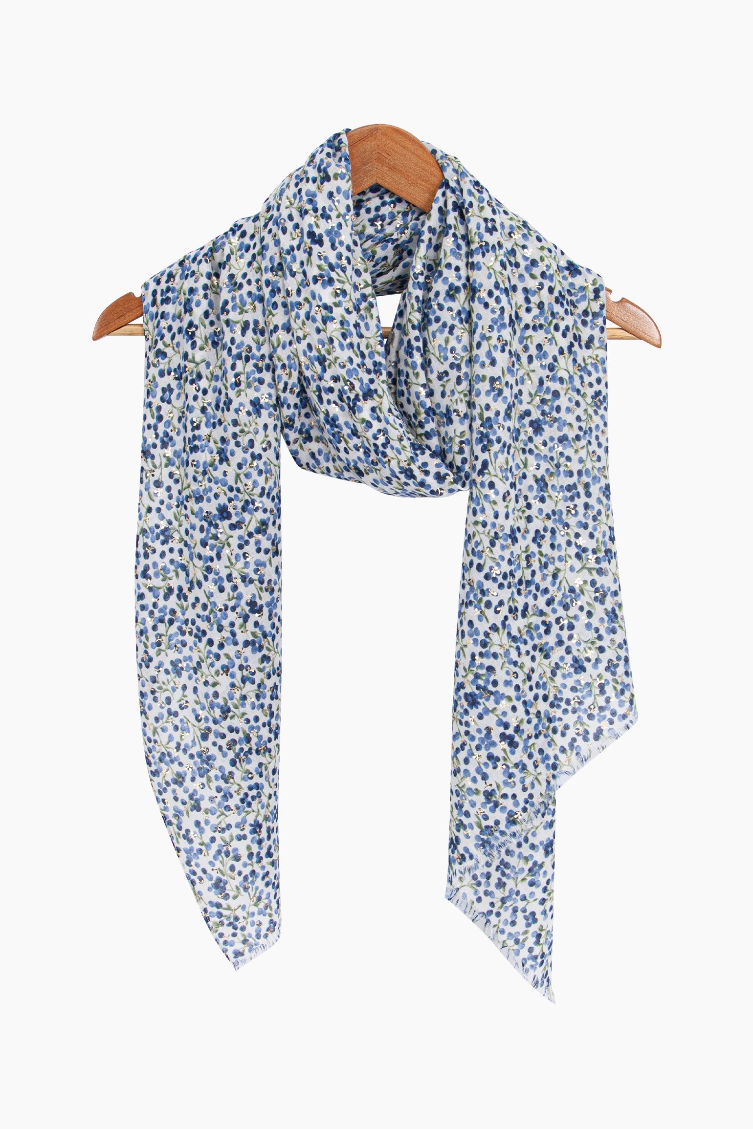 Ditsy-Floral-Print-Lightweight-Scarf-in-Navy-Blue-Draped