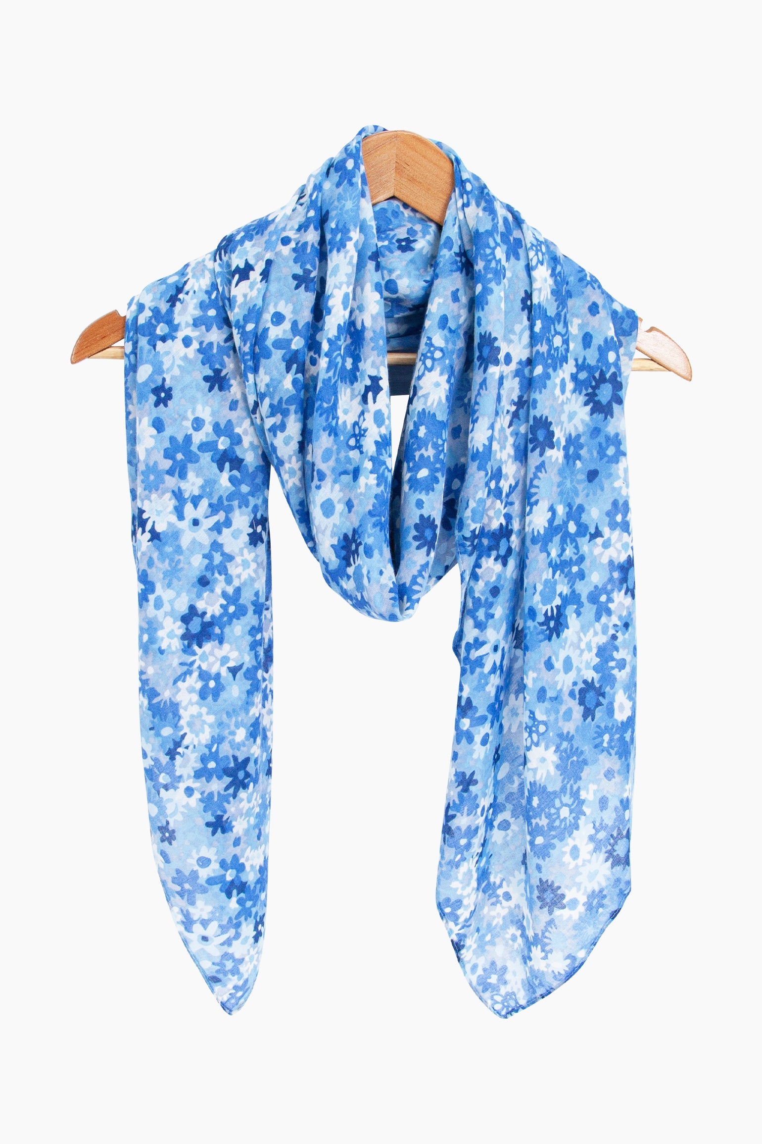 Clustered-Floral-Print-Lightweight-Scarf-in-Blue-Draped