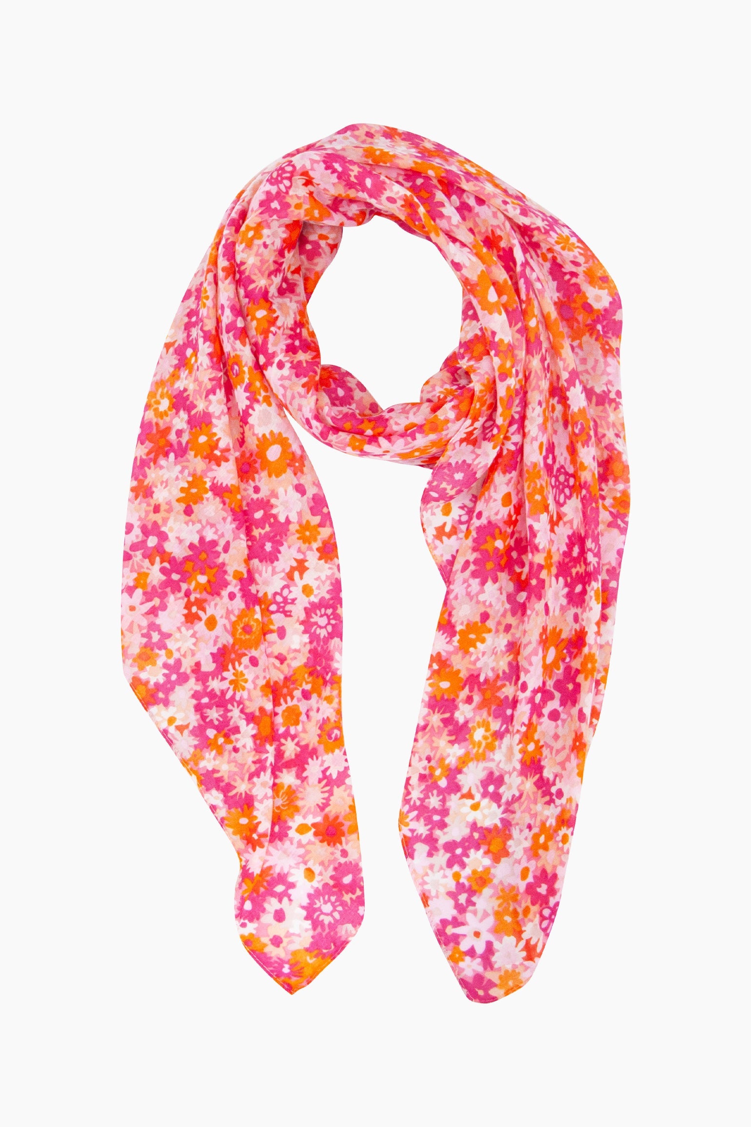 Clustered-Floral-Print-Lightweight-Scarf-in-Fuchsia/Orange-Lying-Flat