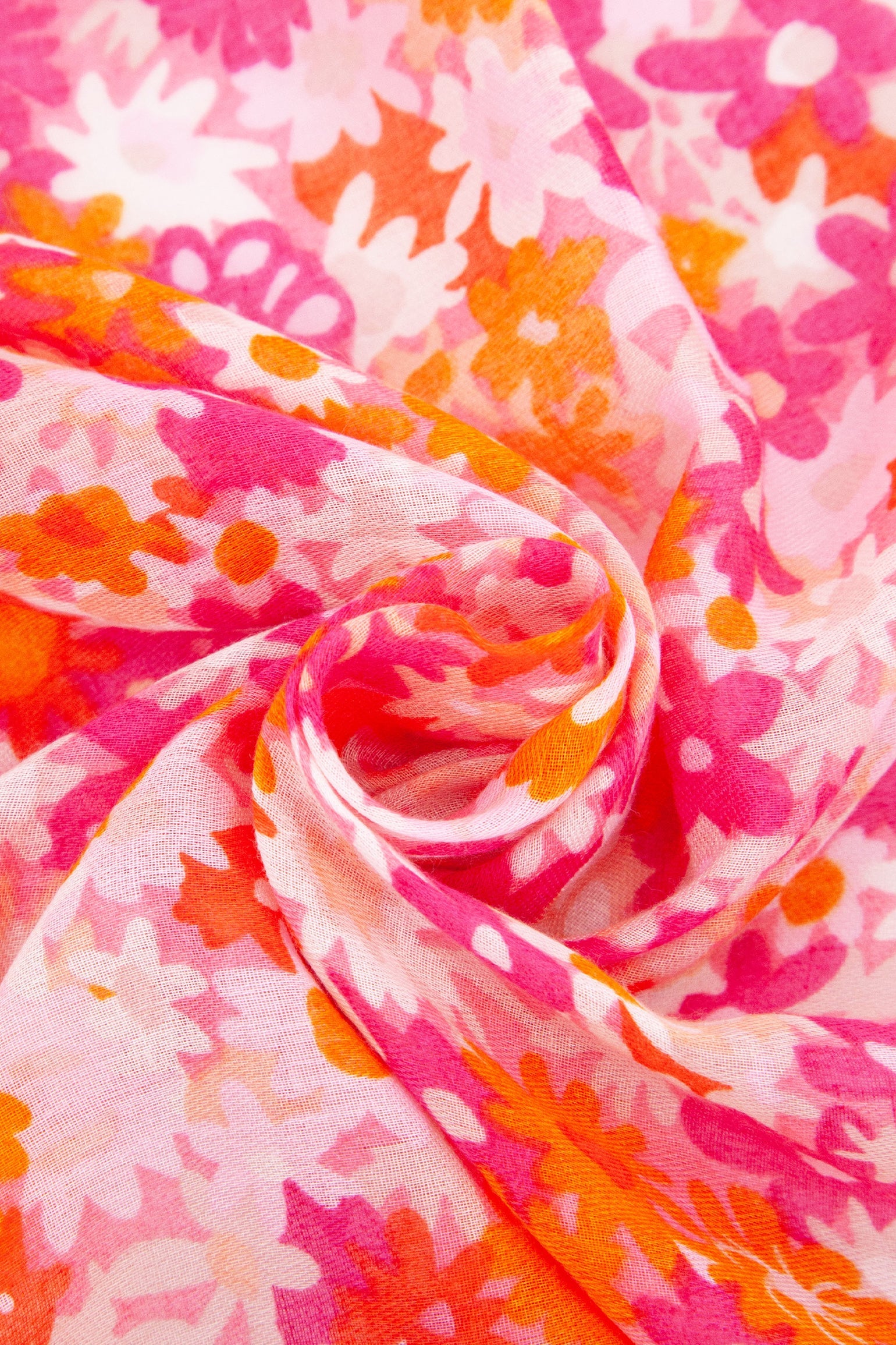 Clustered-Floral-Print-Lightweight-Scarf-in-Fuchsia/Orange-Closeup