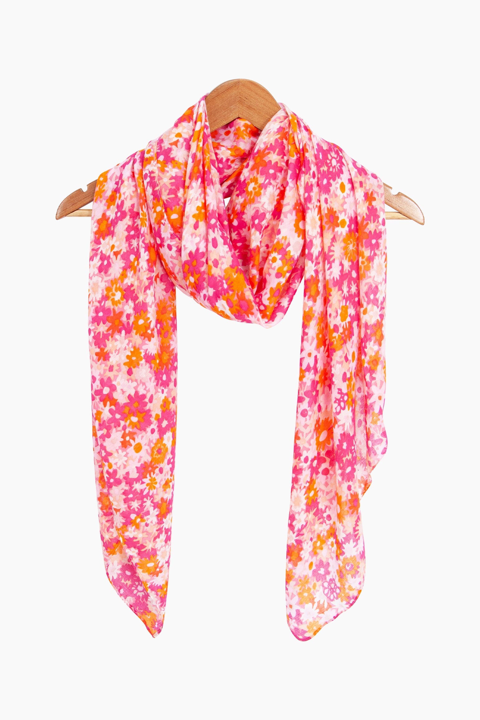 Clustered-Floral-Print-Lightweight-Scarf-in-Fuchsia/Orange-Draped