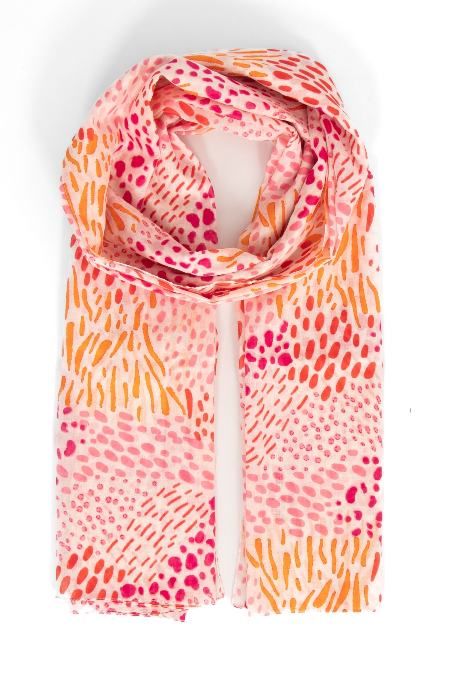 leilani-lightweight-cotton-scarf-pink-spotted-abstract-print-coral-orange-fuchsia-dots