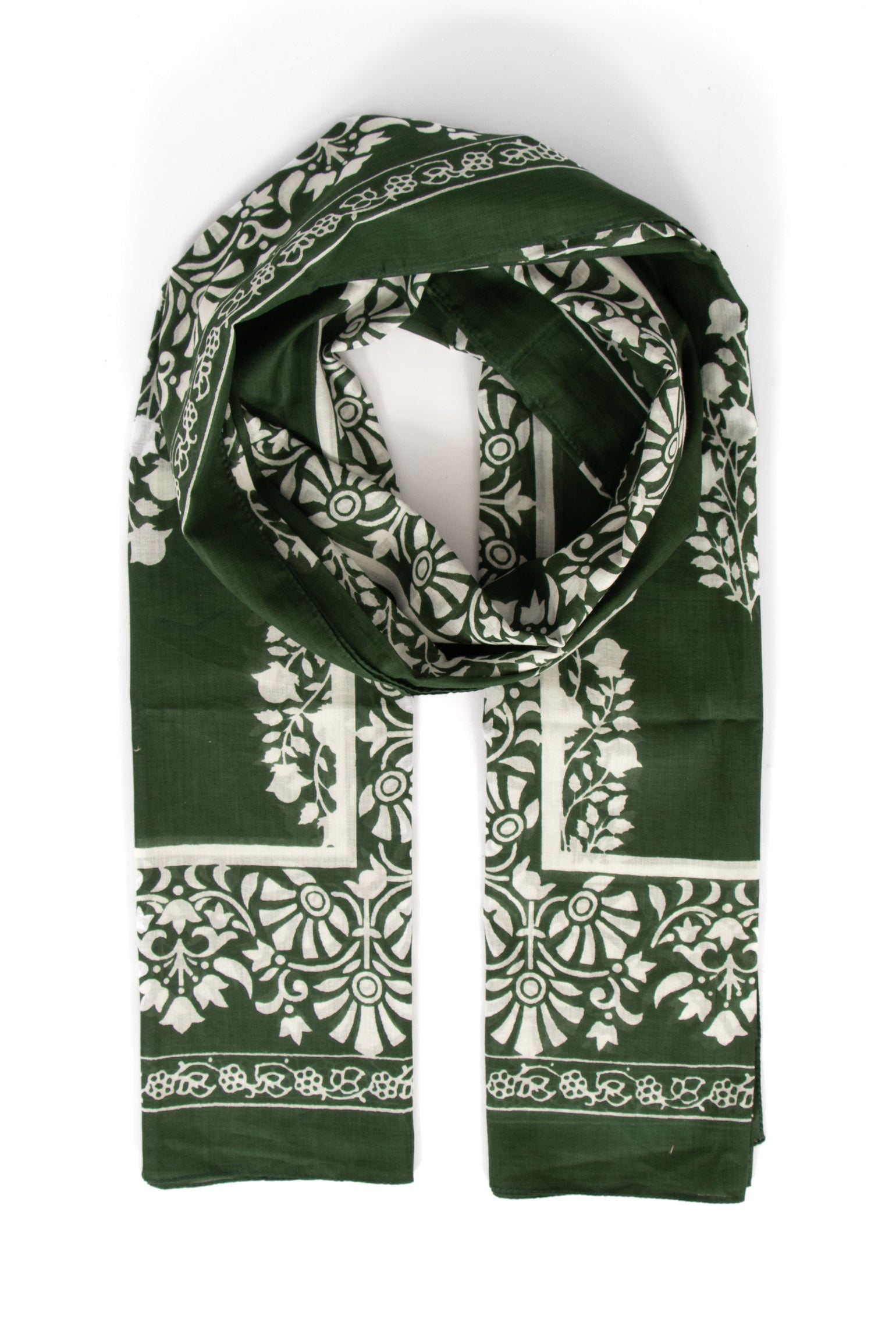 rue-lightweight-cotton-scarf-khaki-leaf-print-bordered-pattern