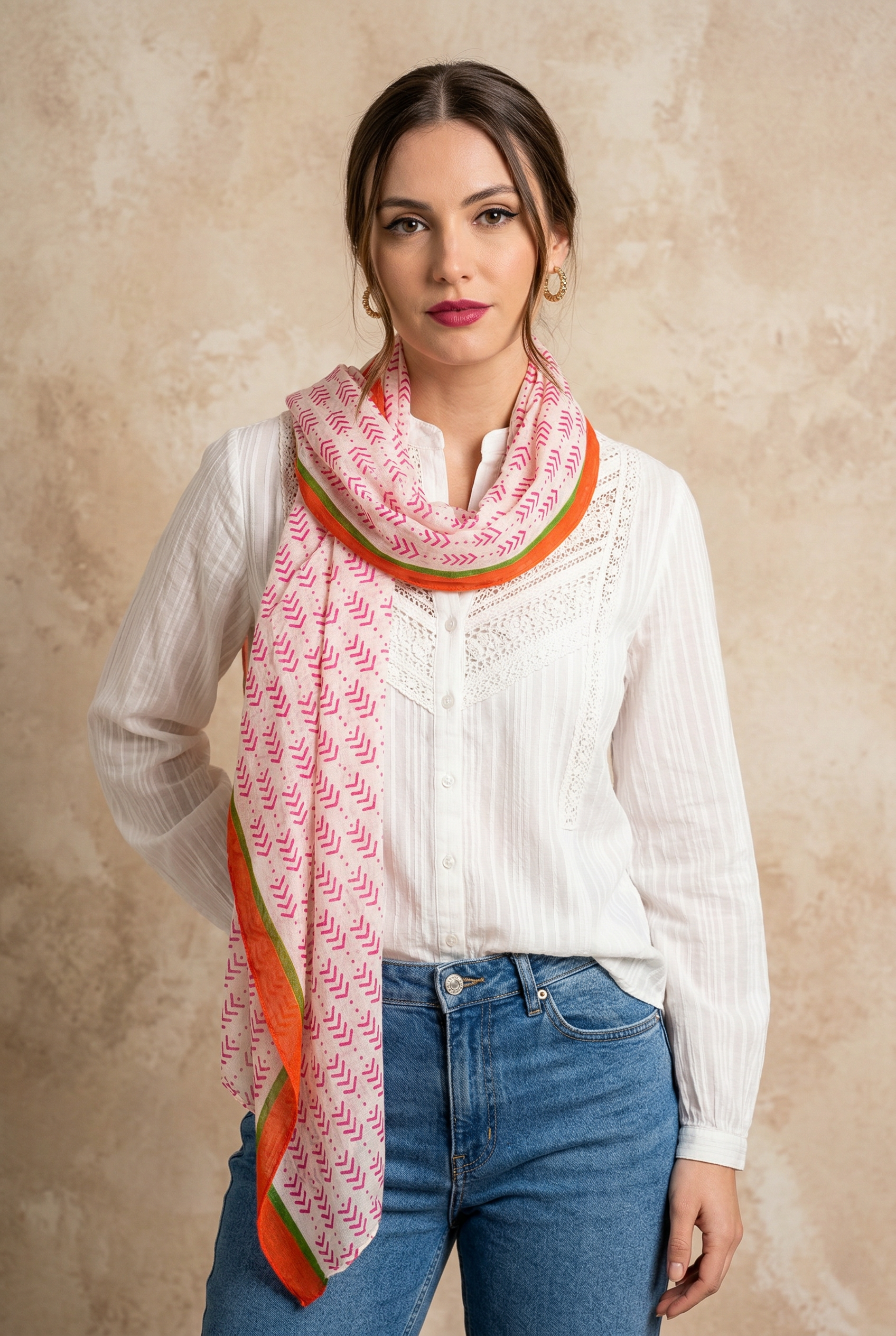 Pink-chevron-print-cotton-scarf