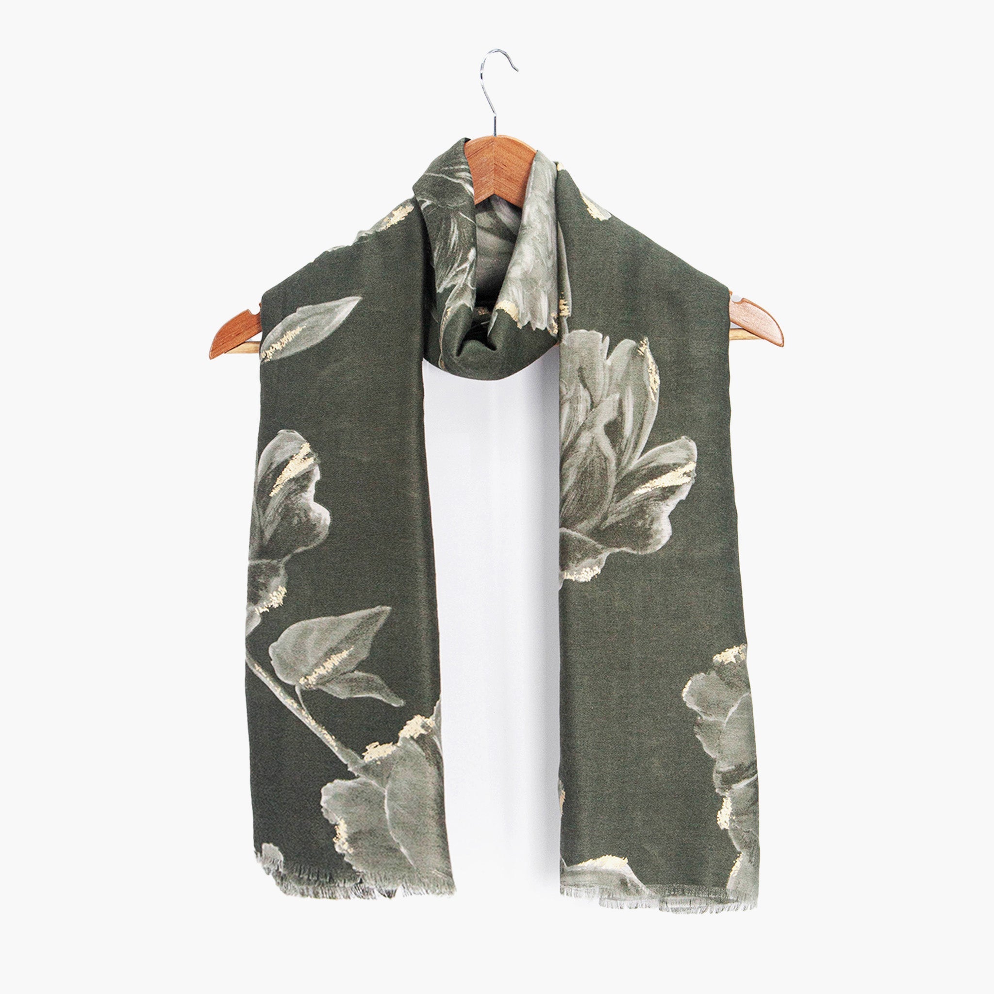 eleanor-khaki-abstract-floral-lightweight-scarf-draped-around-coat-hanger