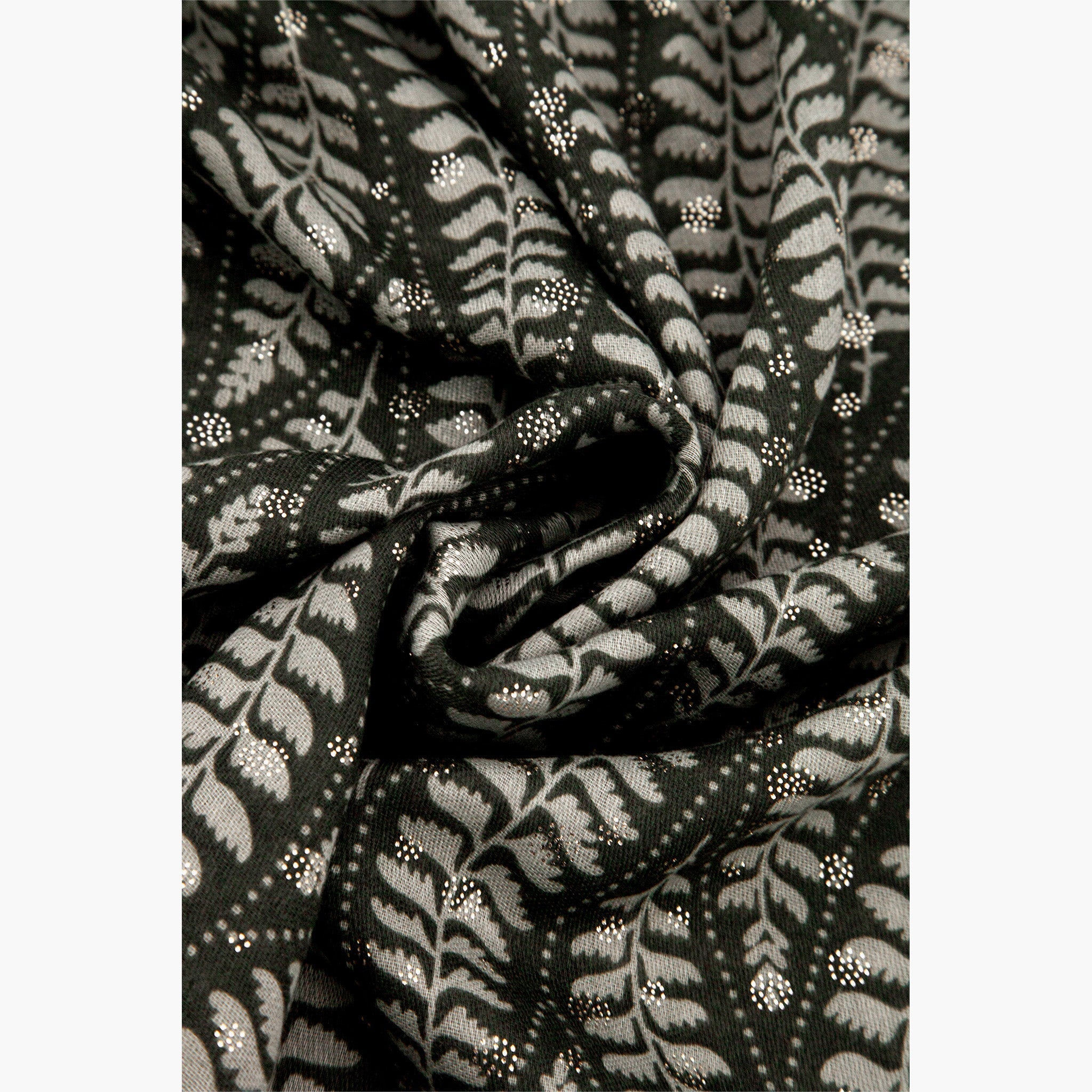 clover-khaki-fern-leaf-lightweight-scarf-close-up-gold-foil-accents