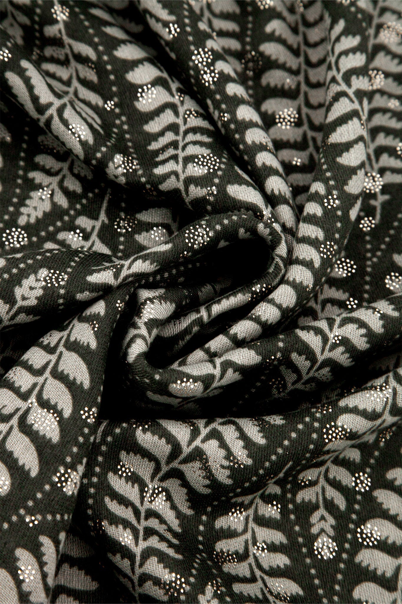 clover-khaki-fern-leaf-lightweight-scarf-close-up-gold-foil-accents