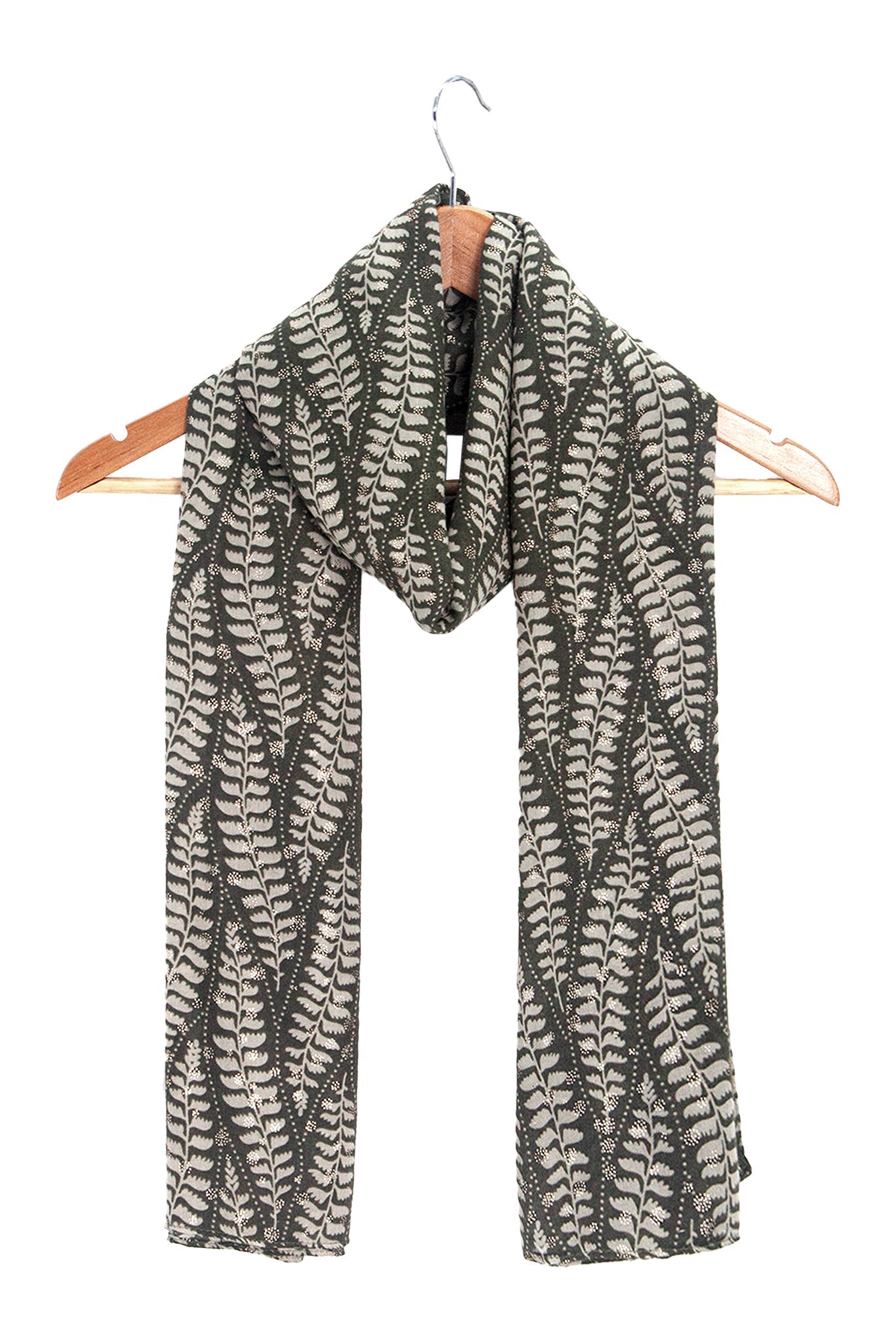 clover-khaki-fern-leaf-lightweight-scarf-draped-on-coat-hanger