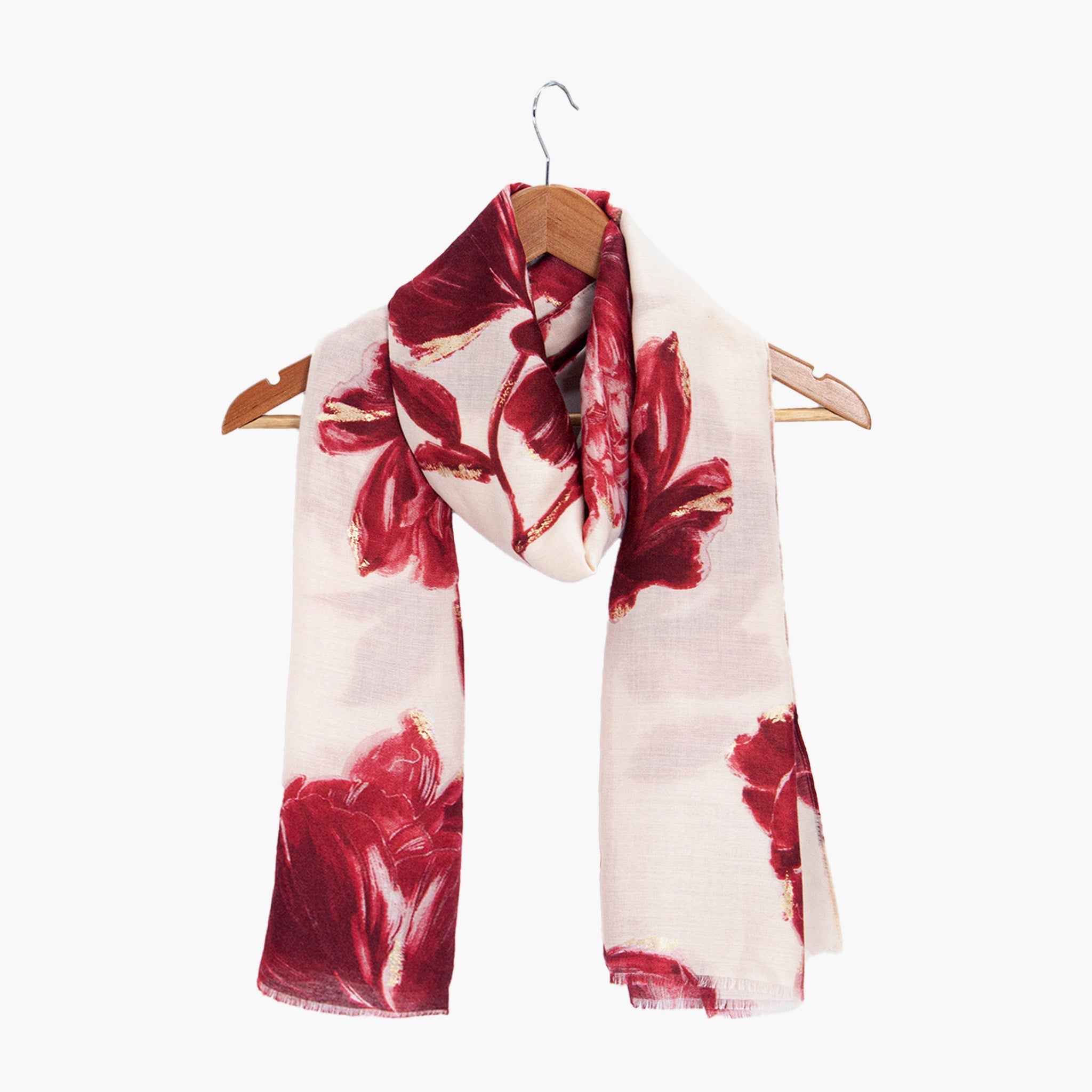 eleanor-red-abstract-floral-lightweight-scarf-draped-around-coat-hanger