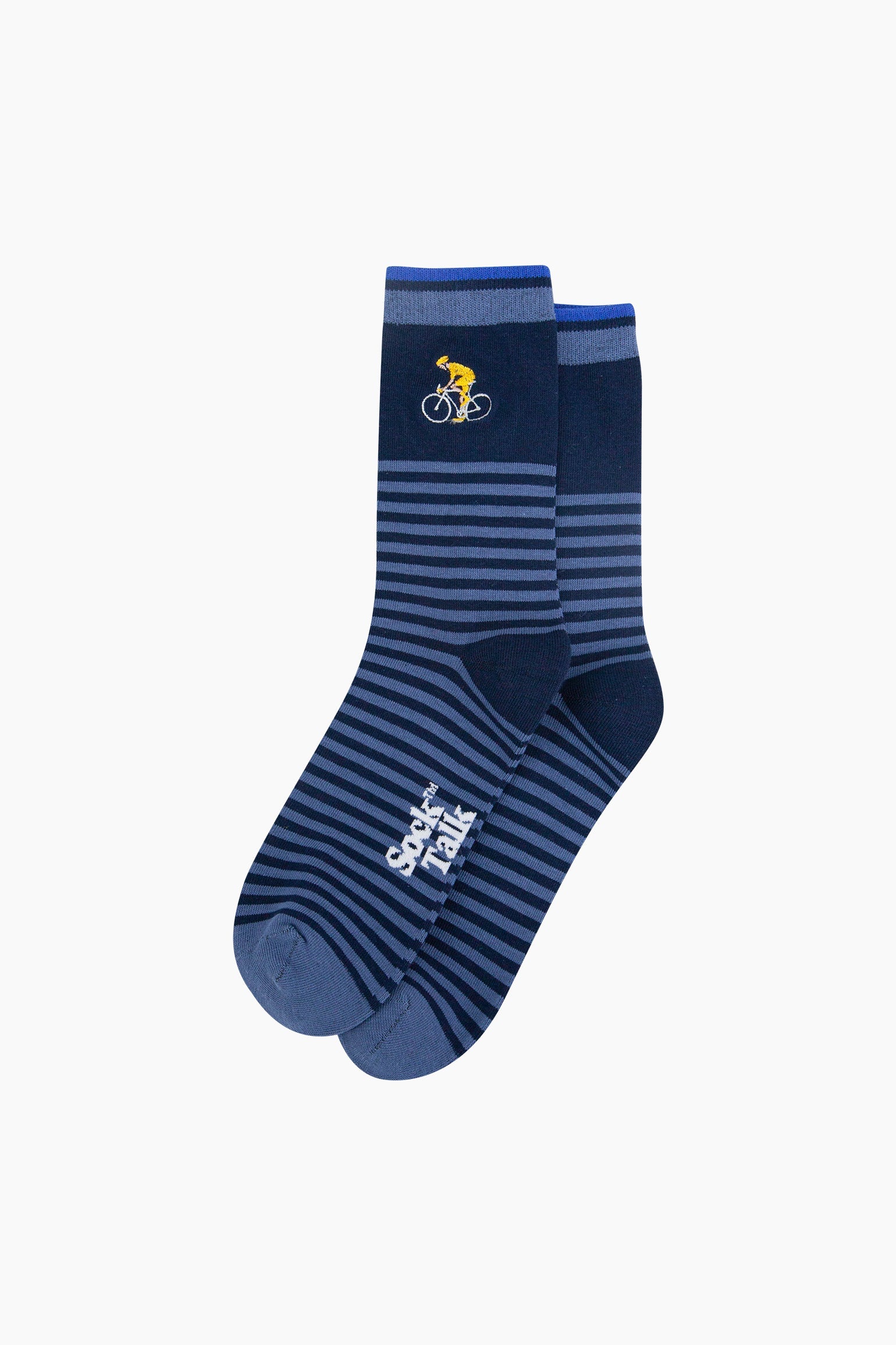 Embroidered-Cyclist-Striped-Combed-Cotton-Socks-in-Blue-Lying-Flat