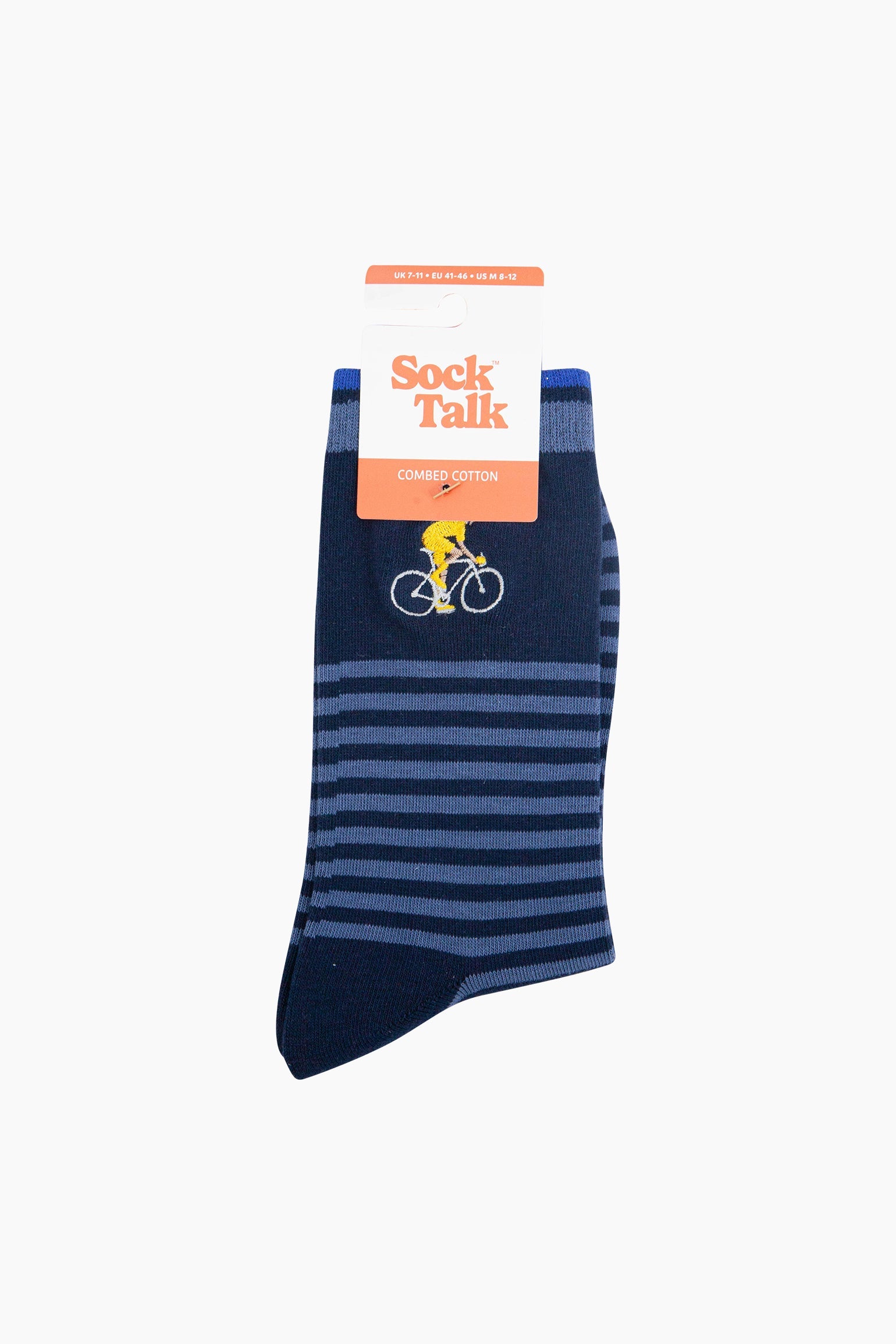 Embroidered-Cyclist-Striped-Combed-Cotton-Socks-in-Blue-In-Packaging