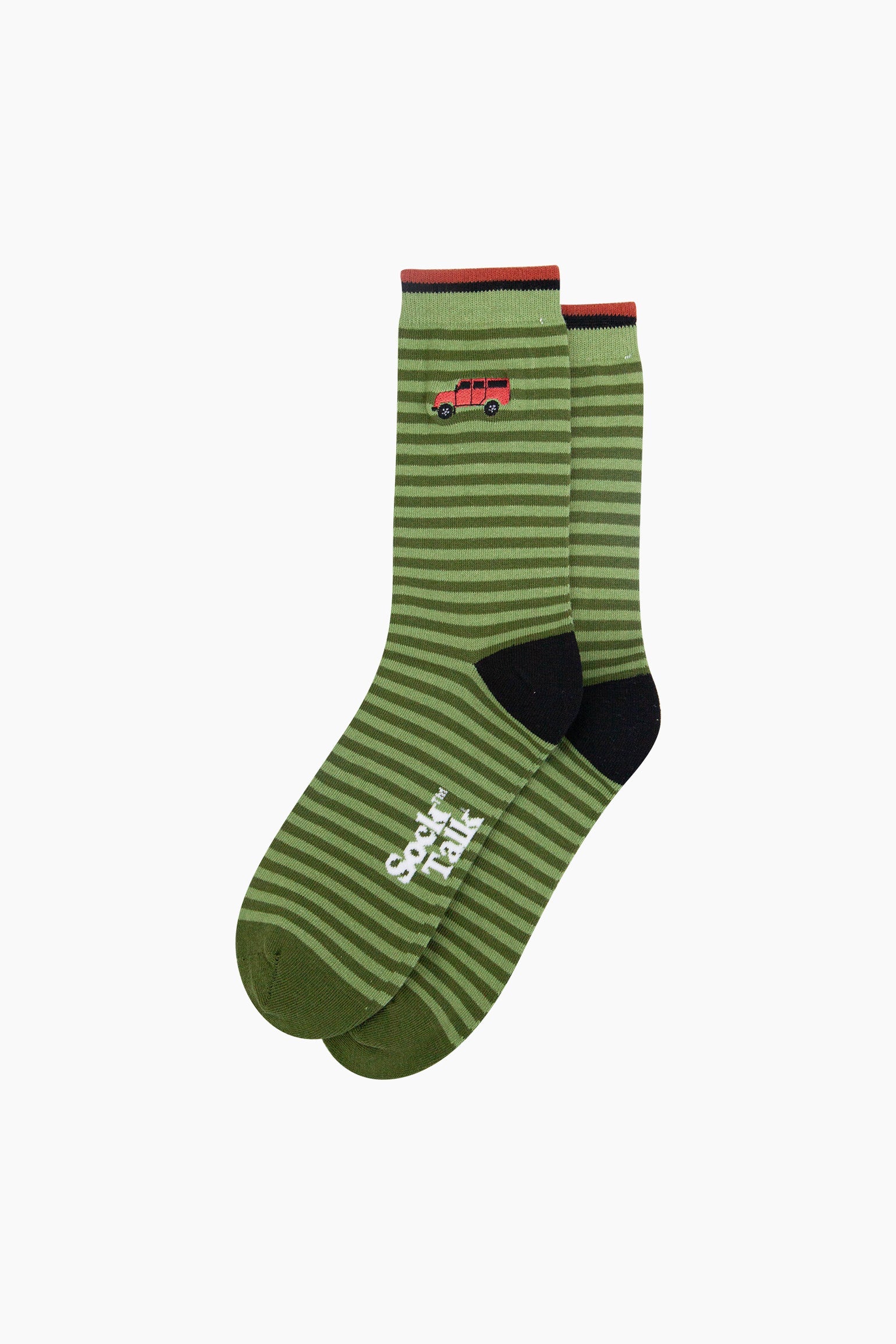 Embroidered-Off-Roader-Striped-Combed-Cotton-Socks-in-Green-Lying-Flat