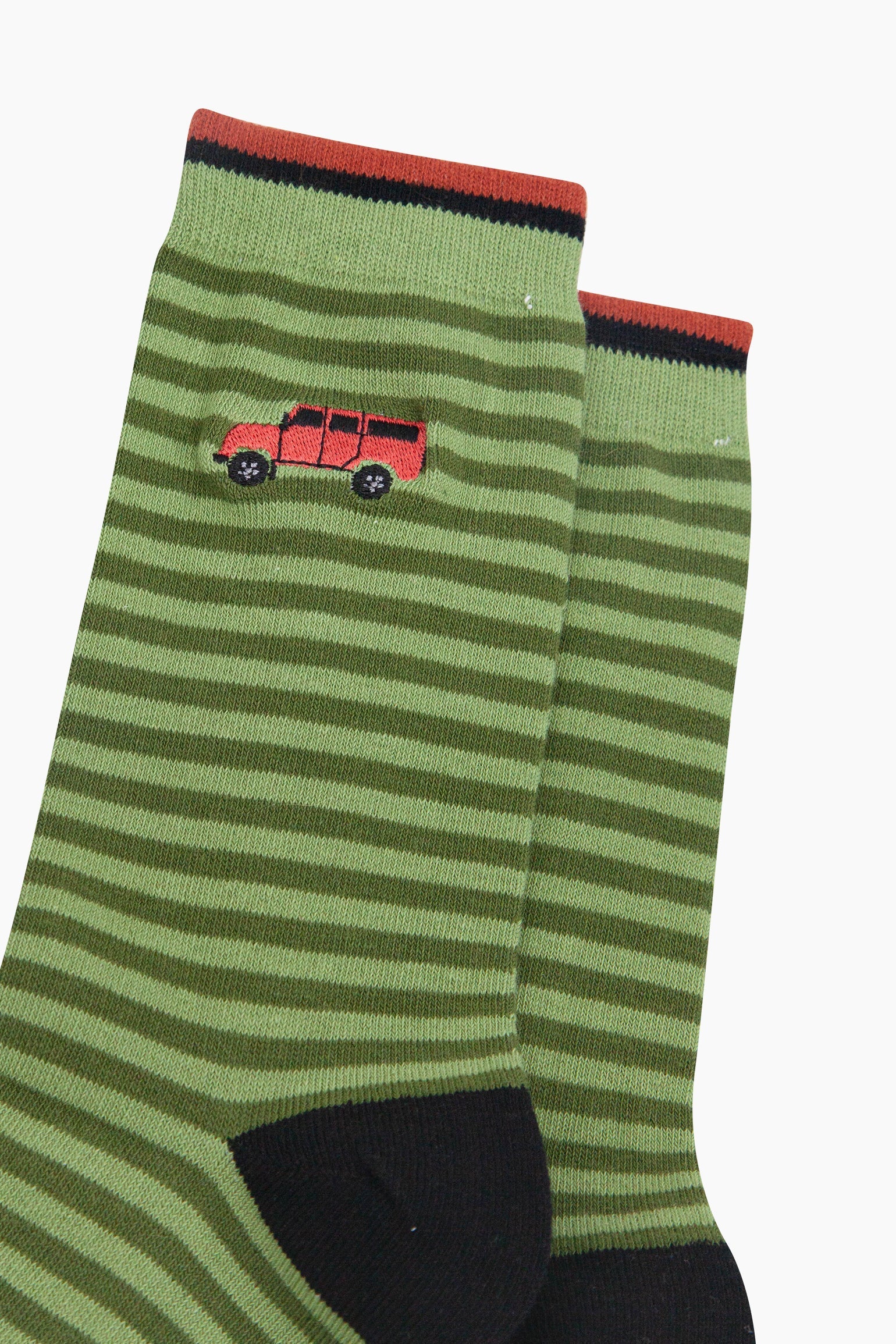 Embroidered-Off-Roader-Striped-Combed-Cotton-Socks-in-Green-Closeup