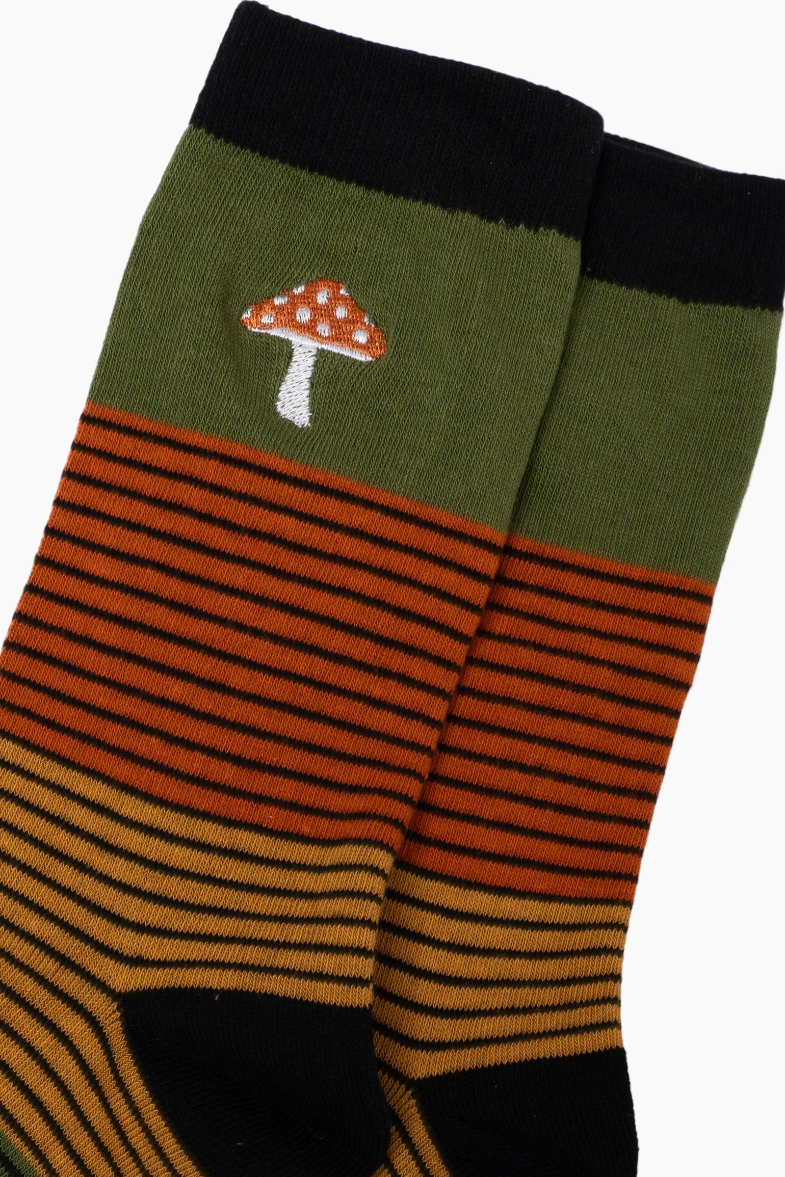 Embroidered-Toadstool-Striped-Combed-Cotton-Socks-in-Khaki-Close-Up