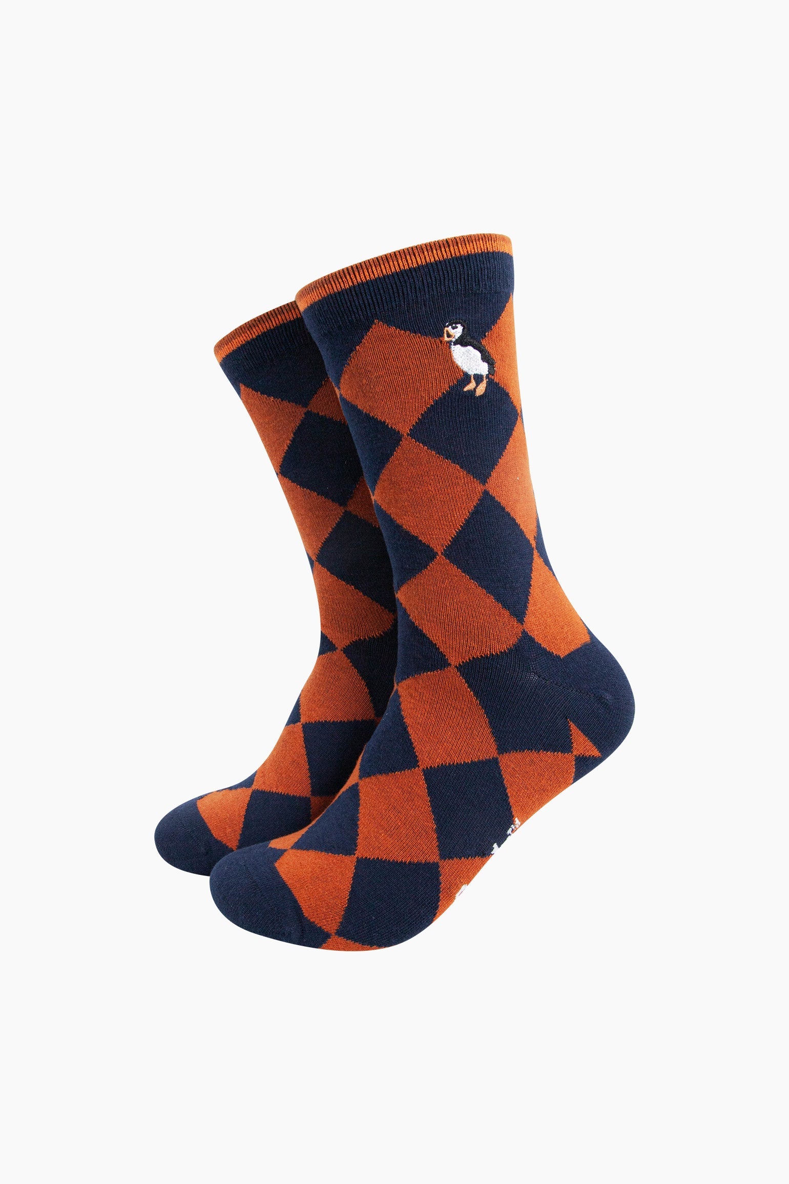Embroidered-Puffin-Argyle-Combed-Cotton-Socks-in-Navy/Orange-Mannequin