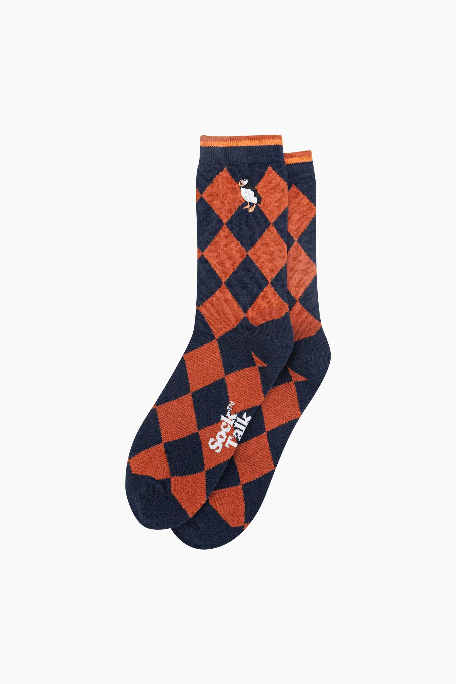 Embroidered-Puffin-Argyle-Combed-Cotton-Socks-in-Navy/Orange-Lying-Flat