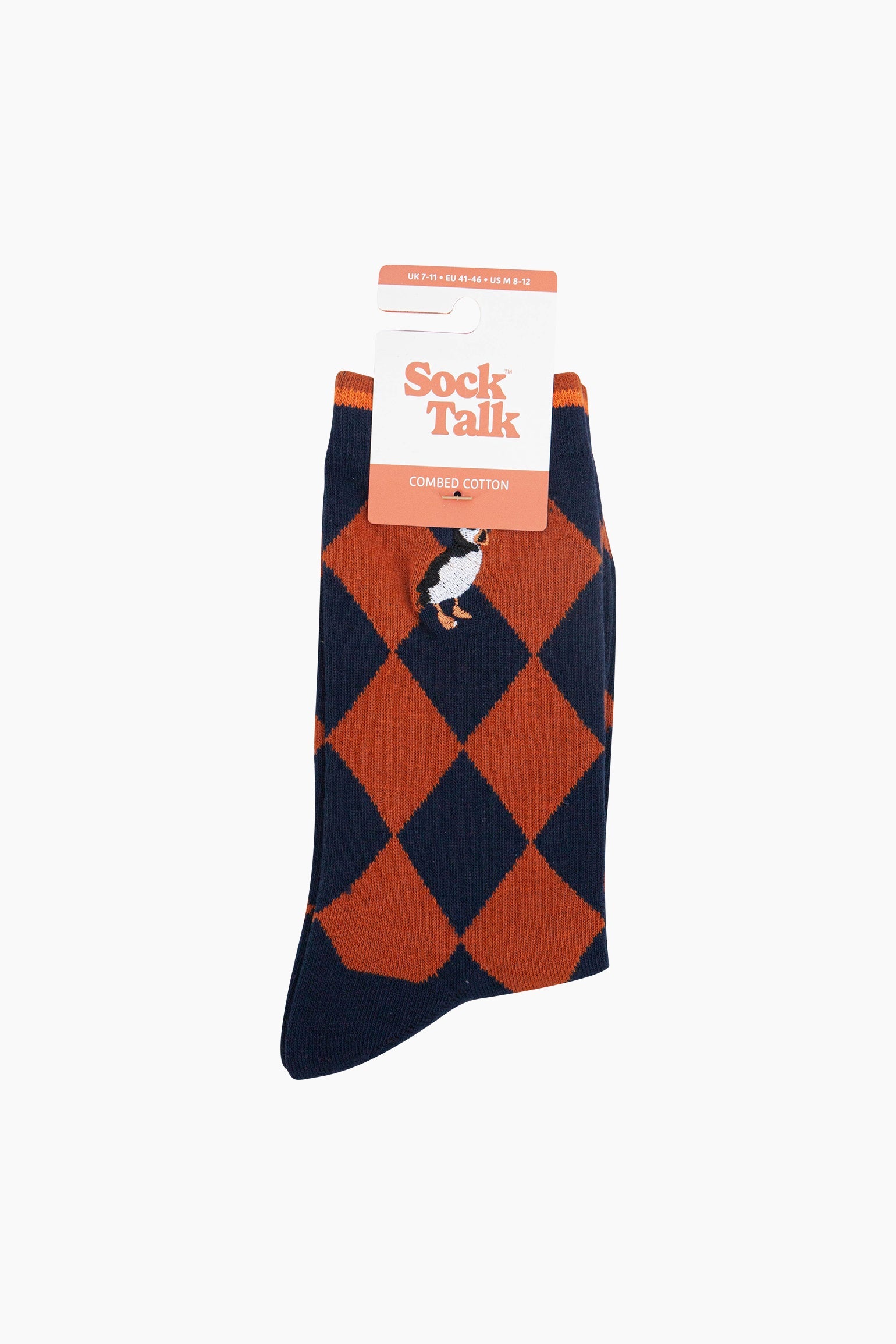 Embroidered-Puffin-Argyle-Combed-Cotton-Socks-in-Navy/Orange-In-Packaging