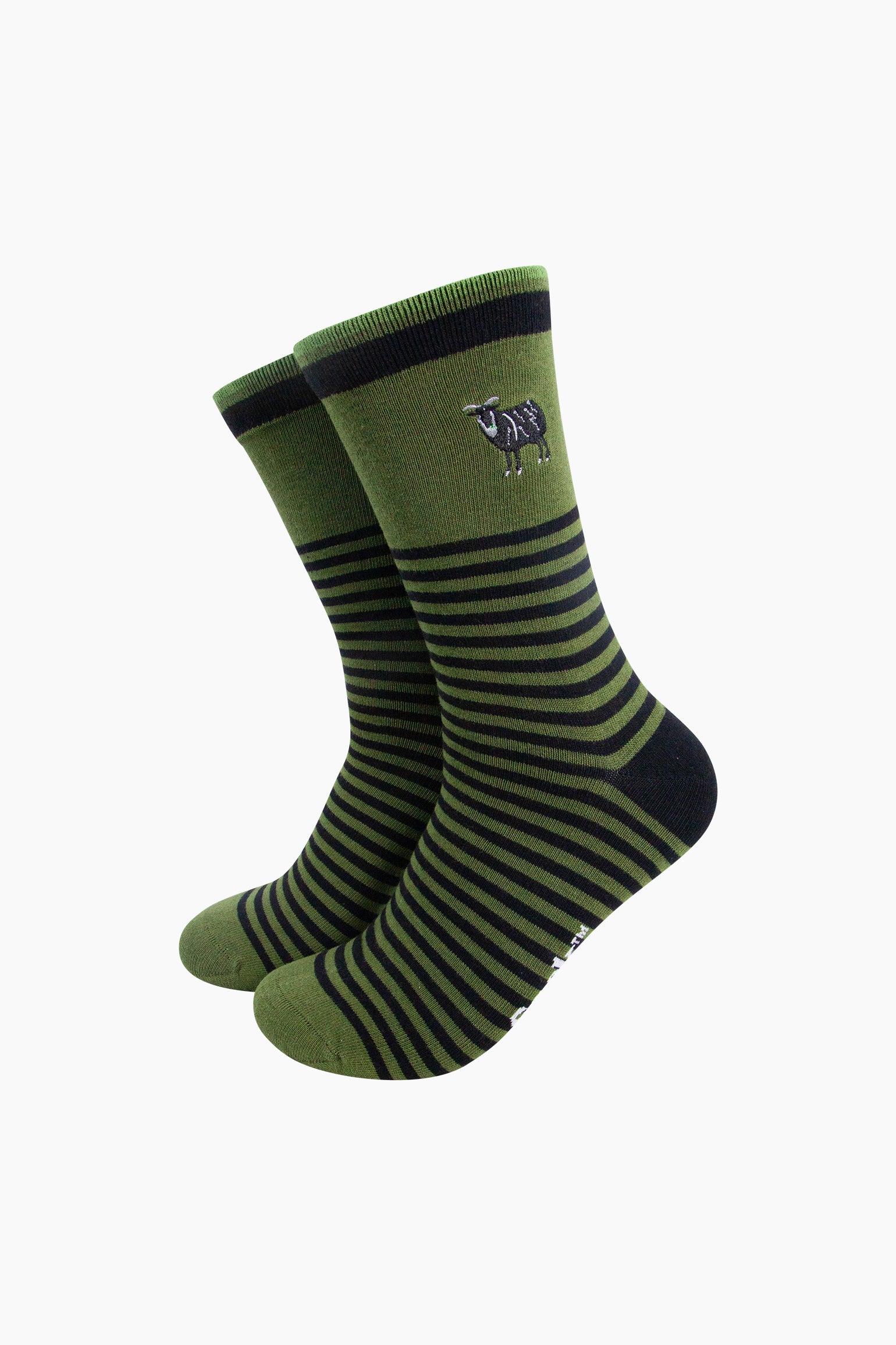 Embroidered-Black-Sheep-Striped-Combed-Cotton-Socks-in-Green-Mannequin