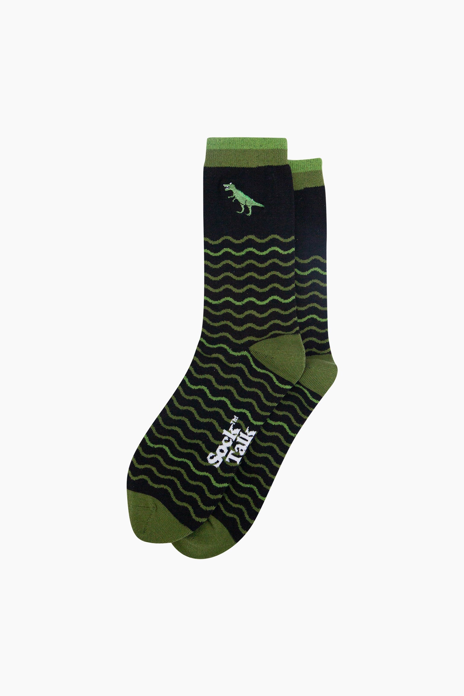 Embroidered-T-Rex-Wavy-Striped-Combed-Cotton-Socks-in-Black/Green-Lying-Flat