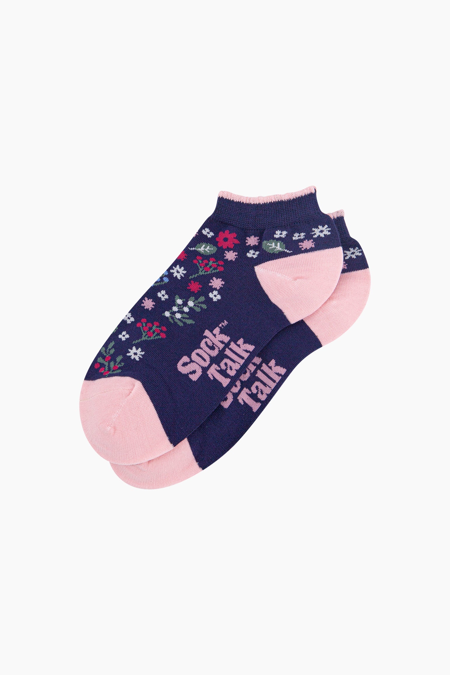 Wildflowers-Bamboo-Trainer-Socks-in-Navy-Blue-Lying-Flat