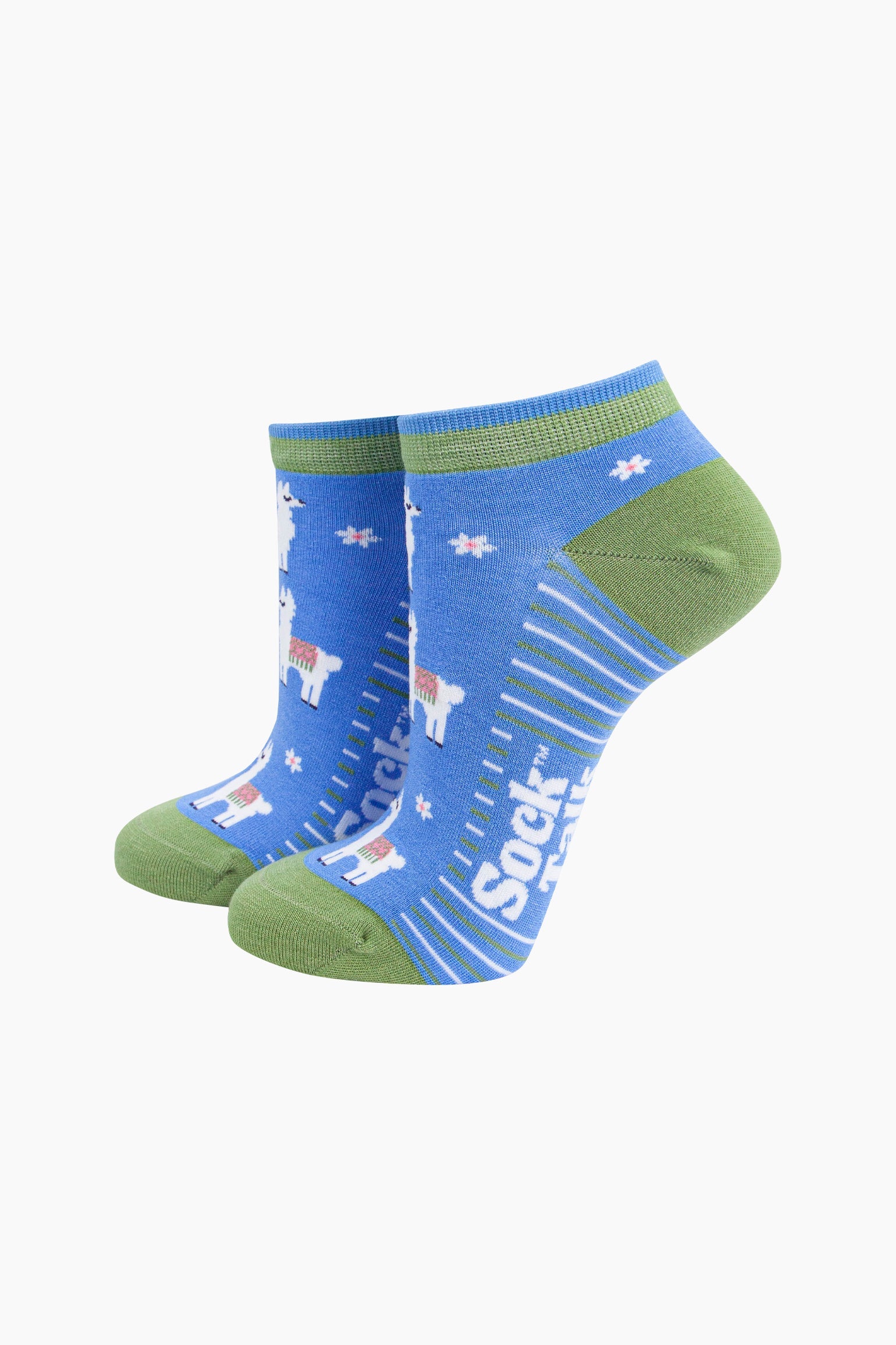 Llama-Floral-Bamboo-Trainer-Socks-in-Blue-Mannequin