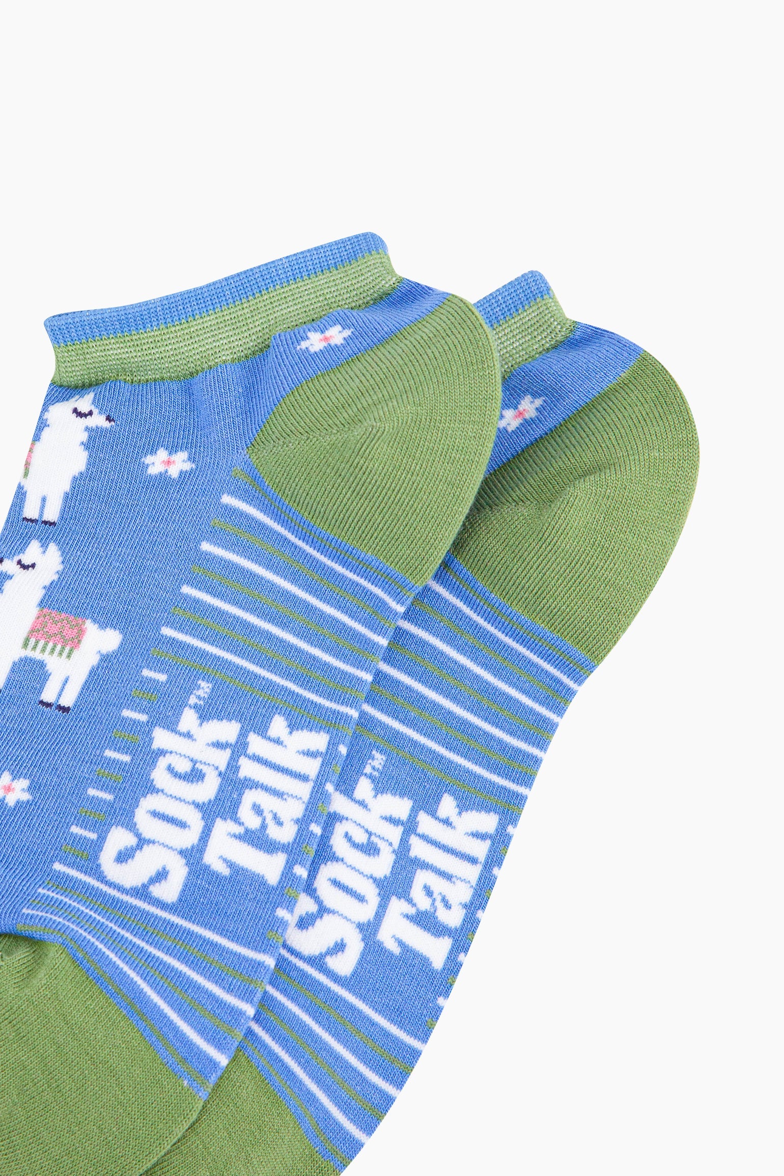 Llama-Floral-Bamboo-Trainer-Socks-in-Blue-Closeup