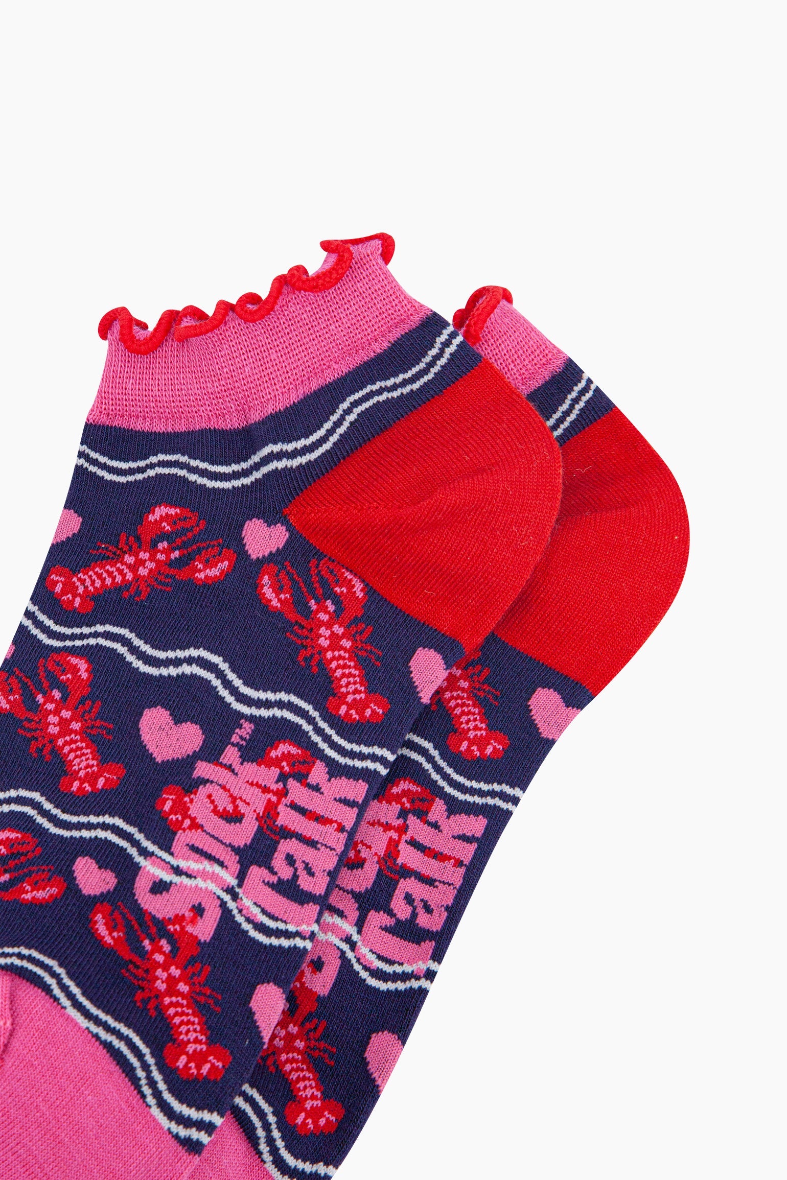 Lobsters-in-Love-Bamboo-Trainer-Socks-in-Navy-Blue-Close-Up