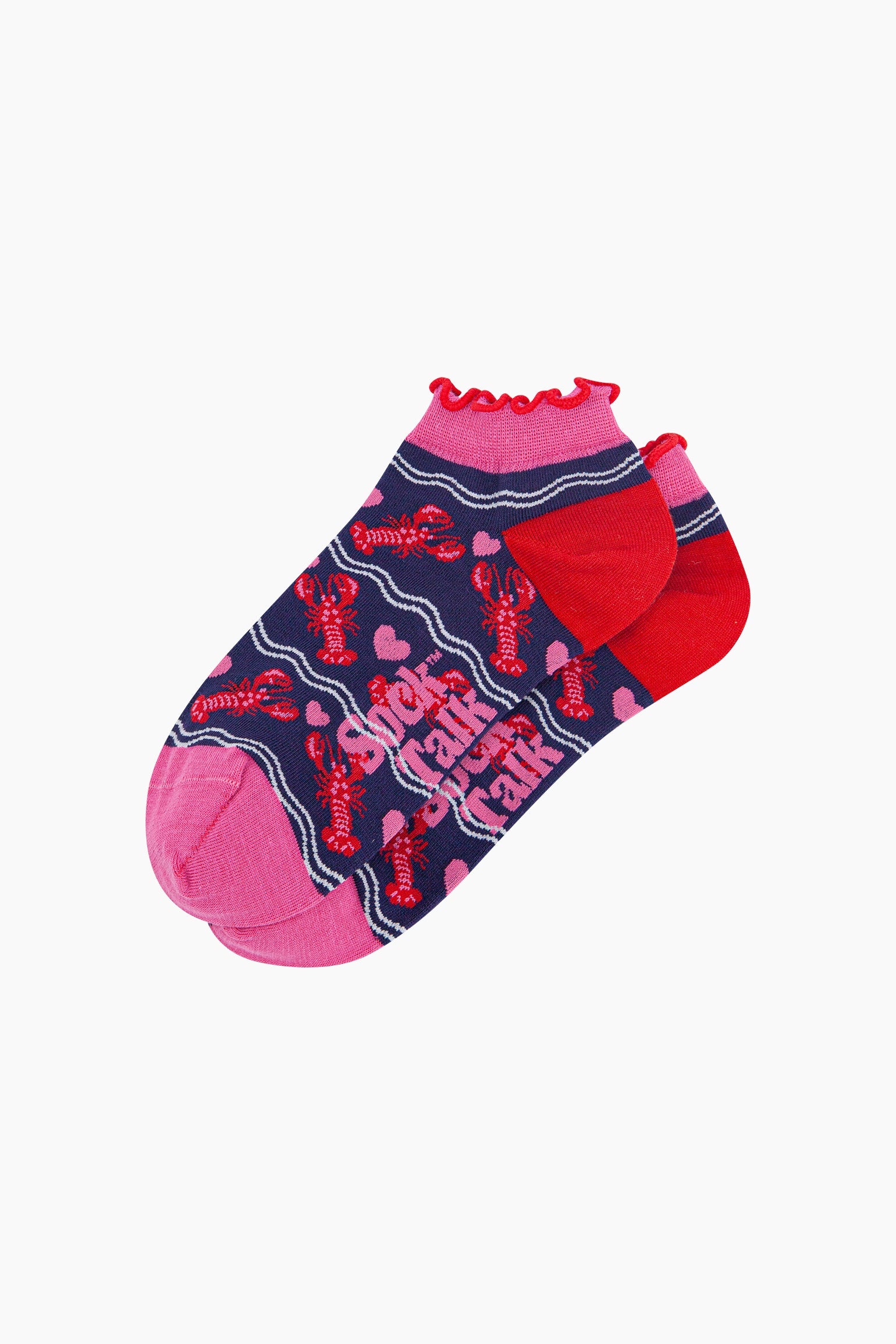 Lobsters-in-Love-Bamboo-Trainer-Socks-in-Navy-Blue-Laid-Flat