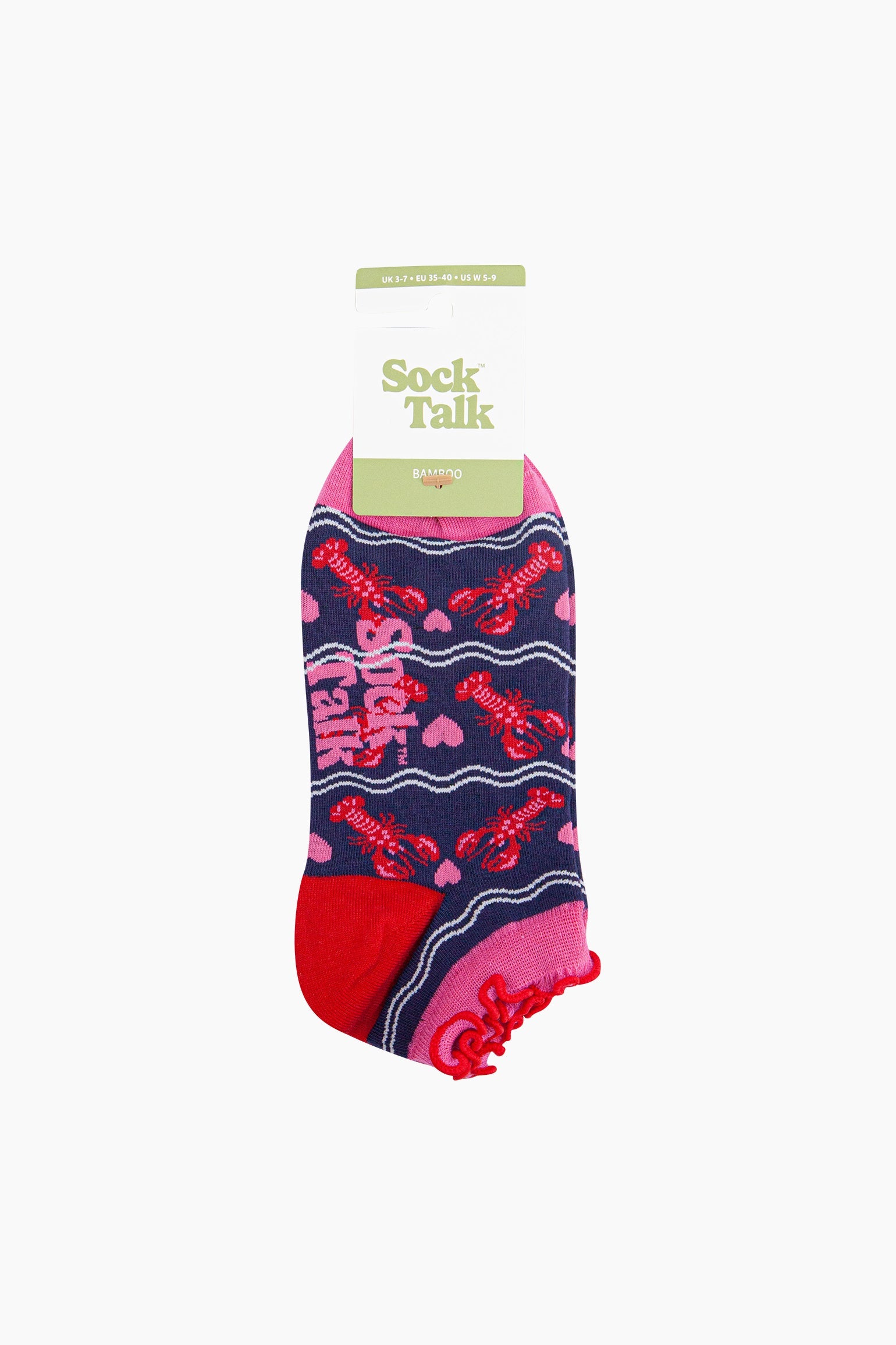 Lobsters-in-Love-Bamboo-Trainer-Socks-in-Navy-Blue-In-Packaging