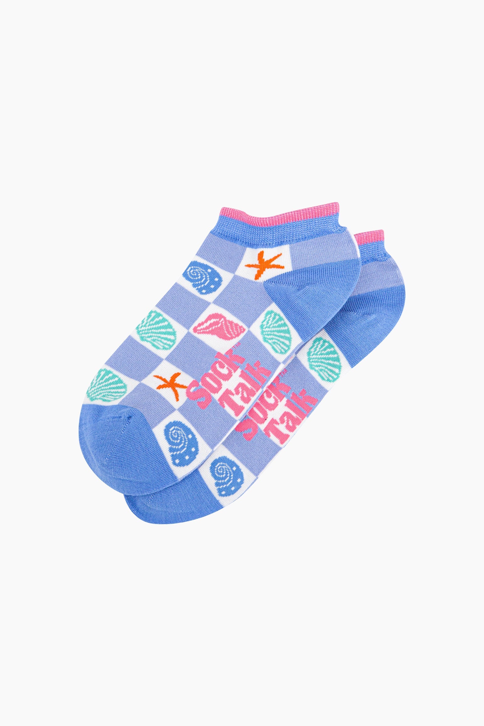 Seashell-Checkerboard-Bamboo-Trainer-Socks-in-Blue-Lying-Flat