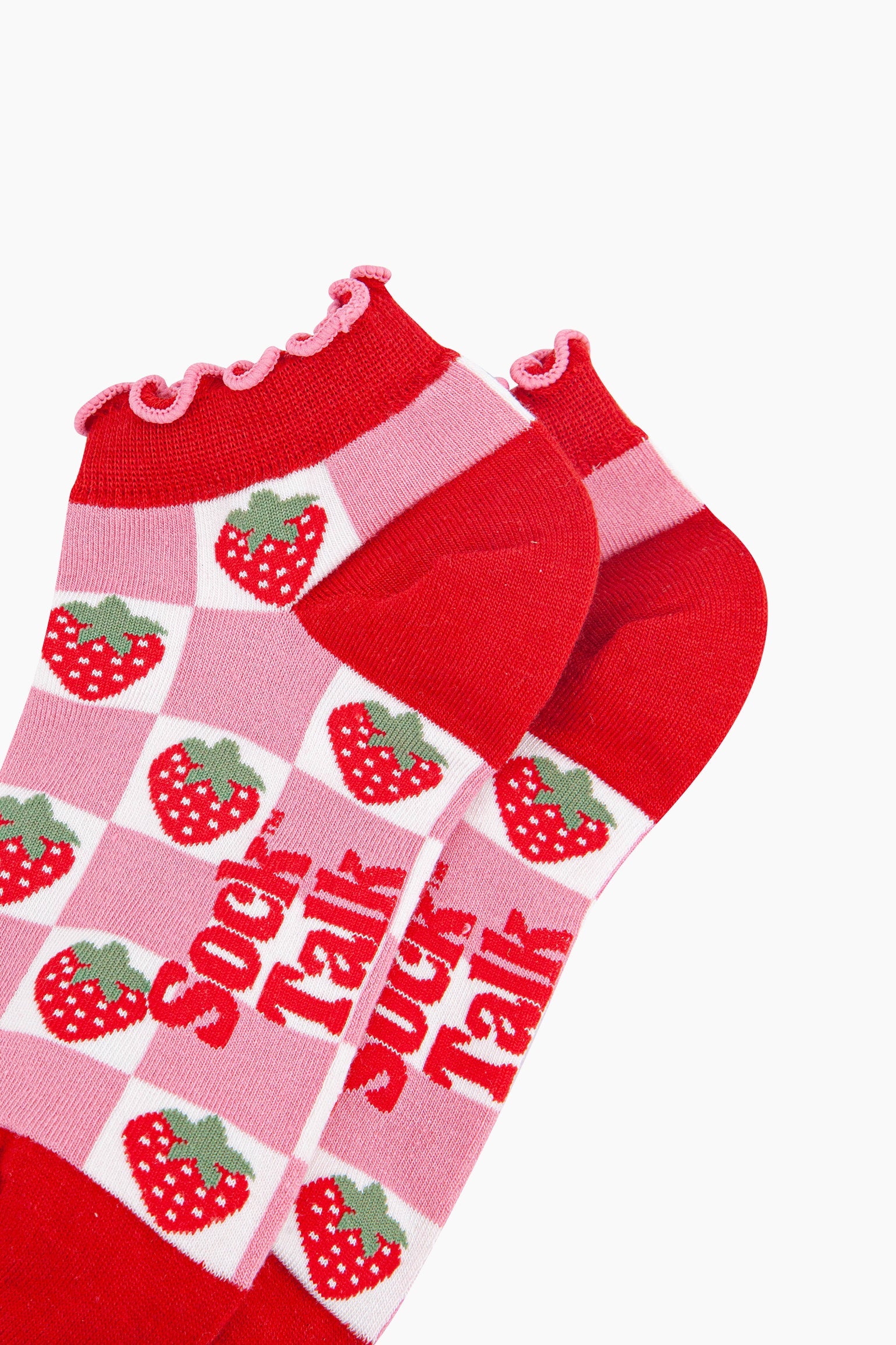 Strawberry-Checkerboard-Bamboo-Trainer-Socks-in-Red-Close-Up