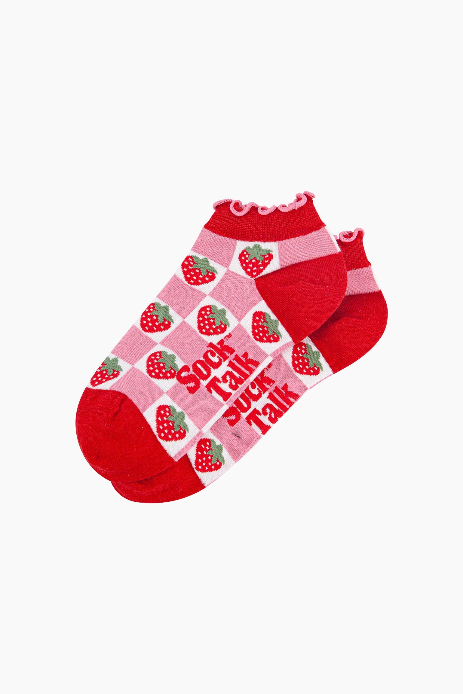 Strawberry-Checkerboard-Bamboo-Trainer-Socks-in-Red-Laid-Flat