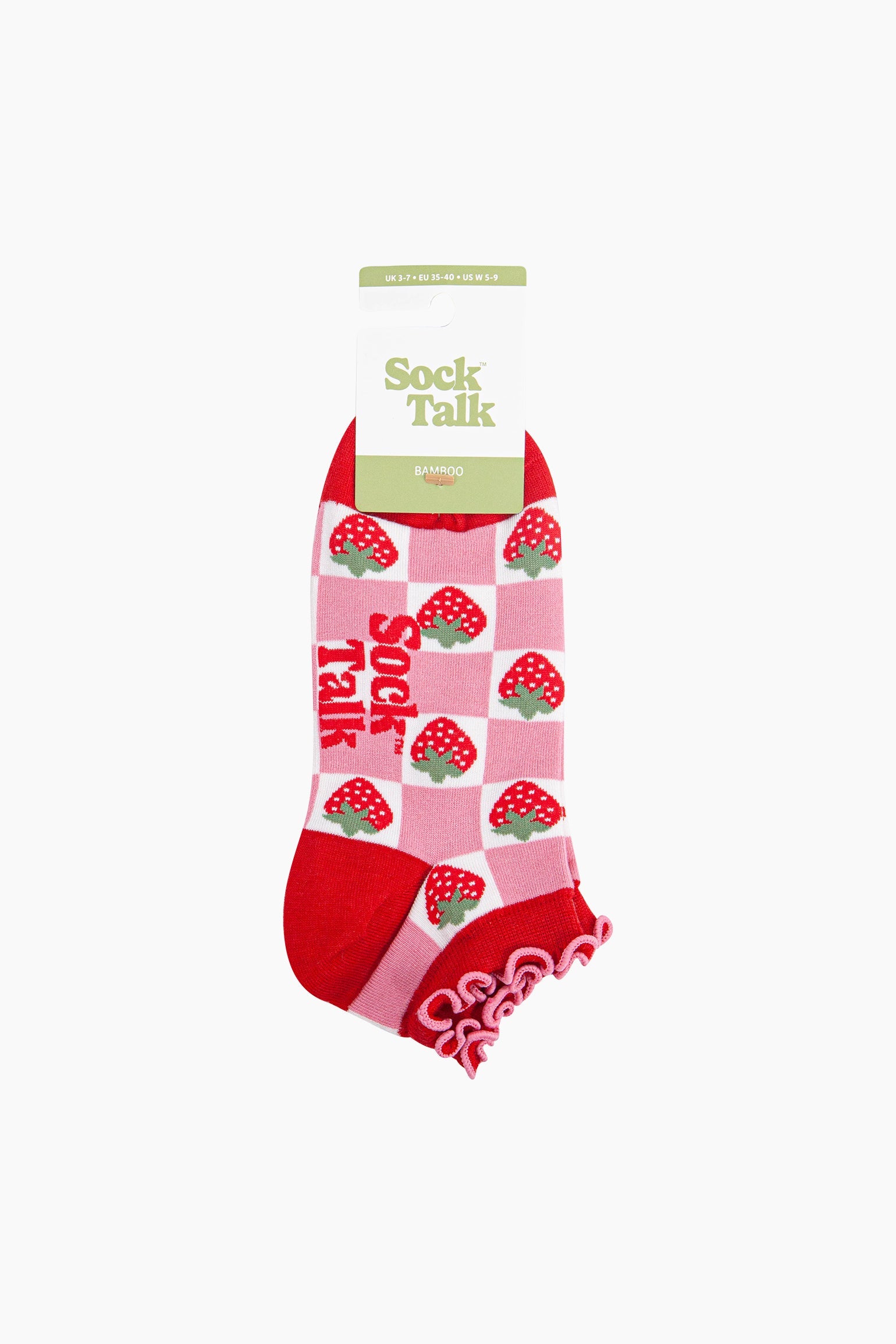Strawberry-Checkerboard-Bamboo-Trainer-Socks-in-Red-In-Packaging