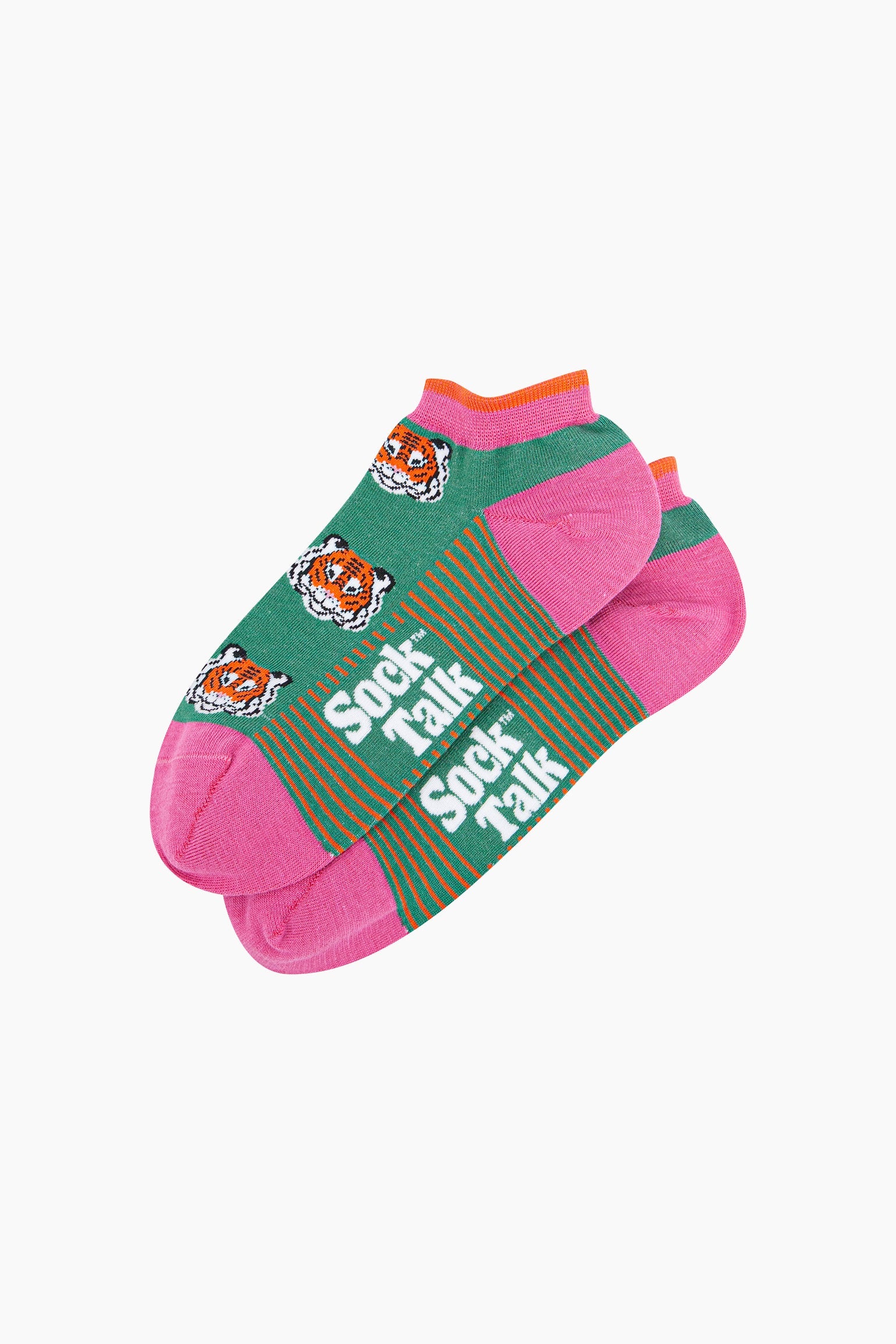 Tiger-Faces-Bamboo-Trainer-Socks-in-Green-Lying-Flat