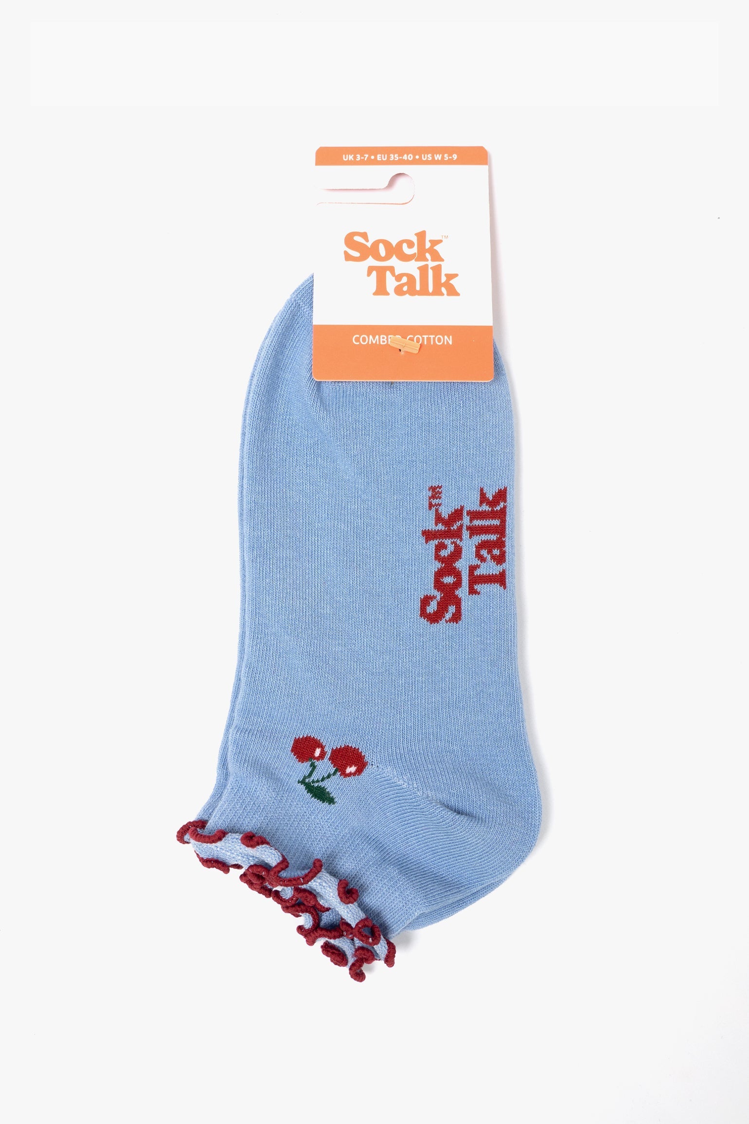 Cherry-Frilled-Cuff-Combed-Cotton-Trainer-Socks-in-Blue-In-Packaging