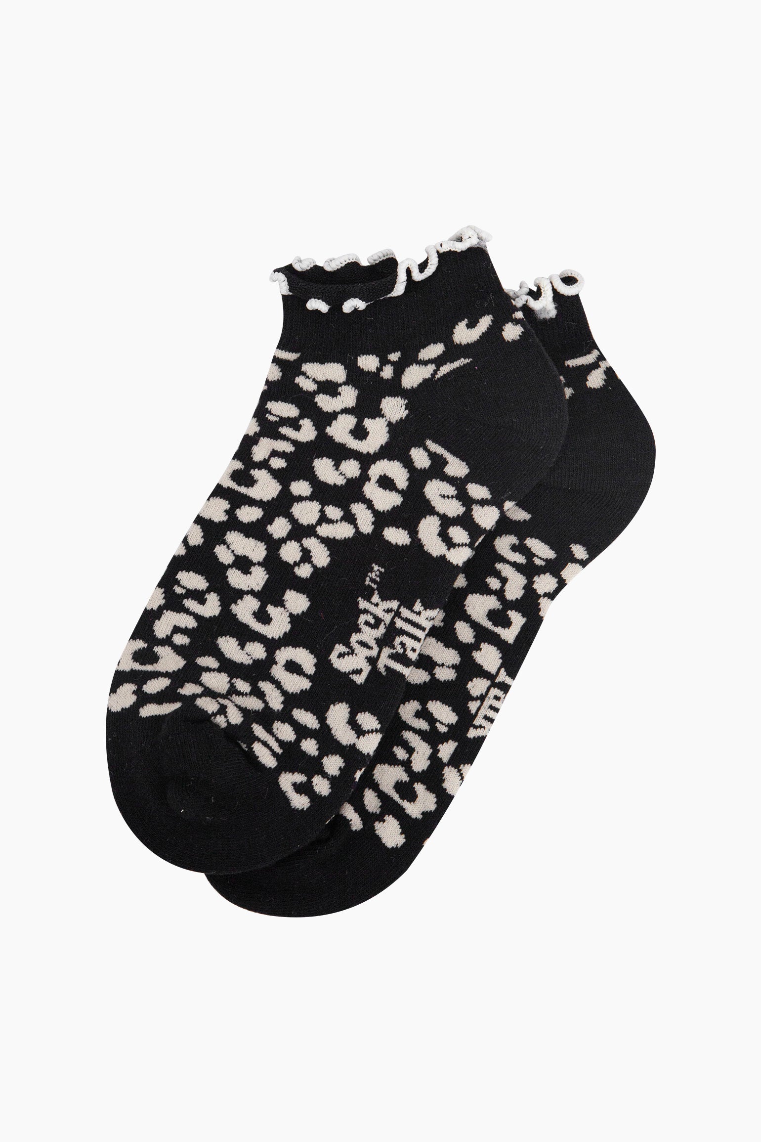 Leopard-Print-Frilled-Cuff-Combed-Cotton-Trainer-Socks-in-Black-Lying-Flat