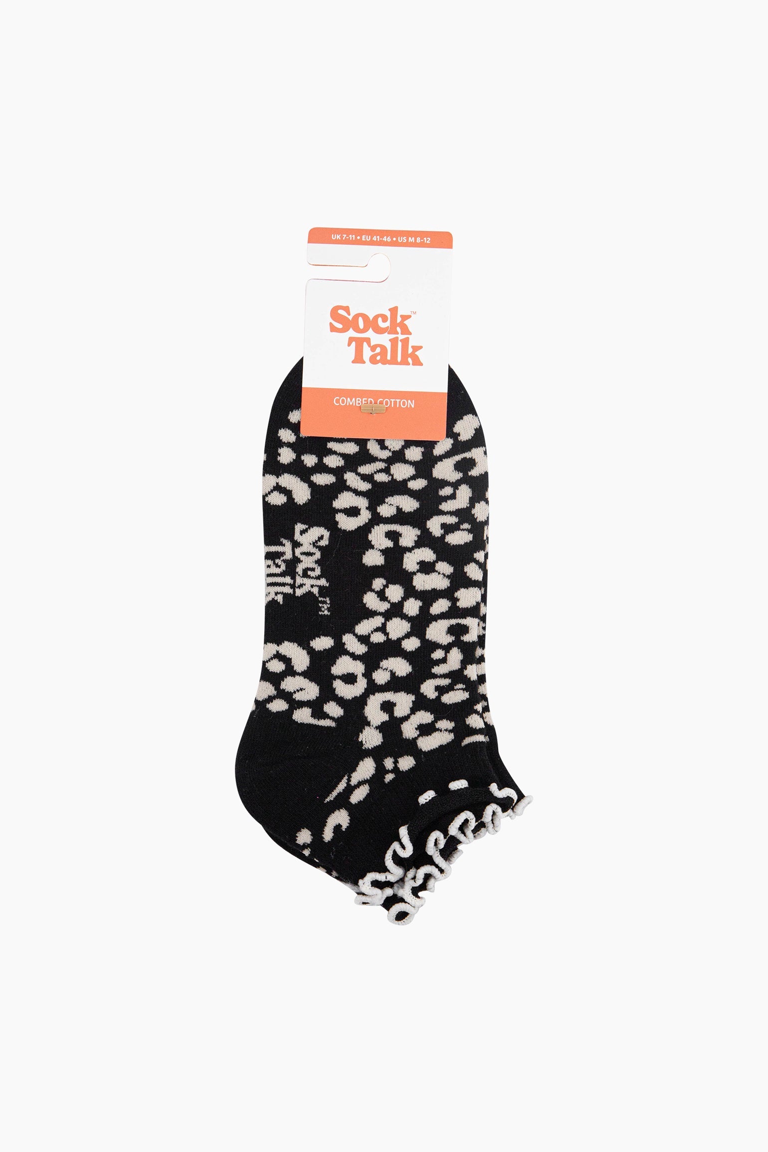 Leopard-Print-Frilled-Cuff-Combed-Cotton-Trainer-Socks-in-Black-In-Packaging