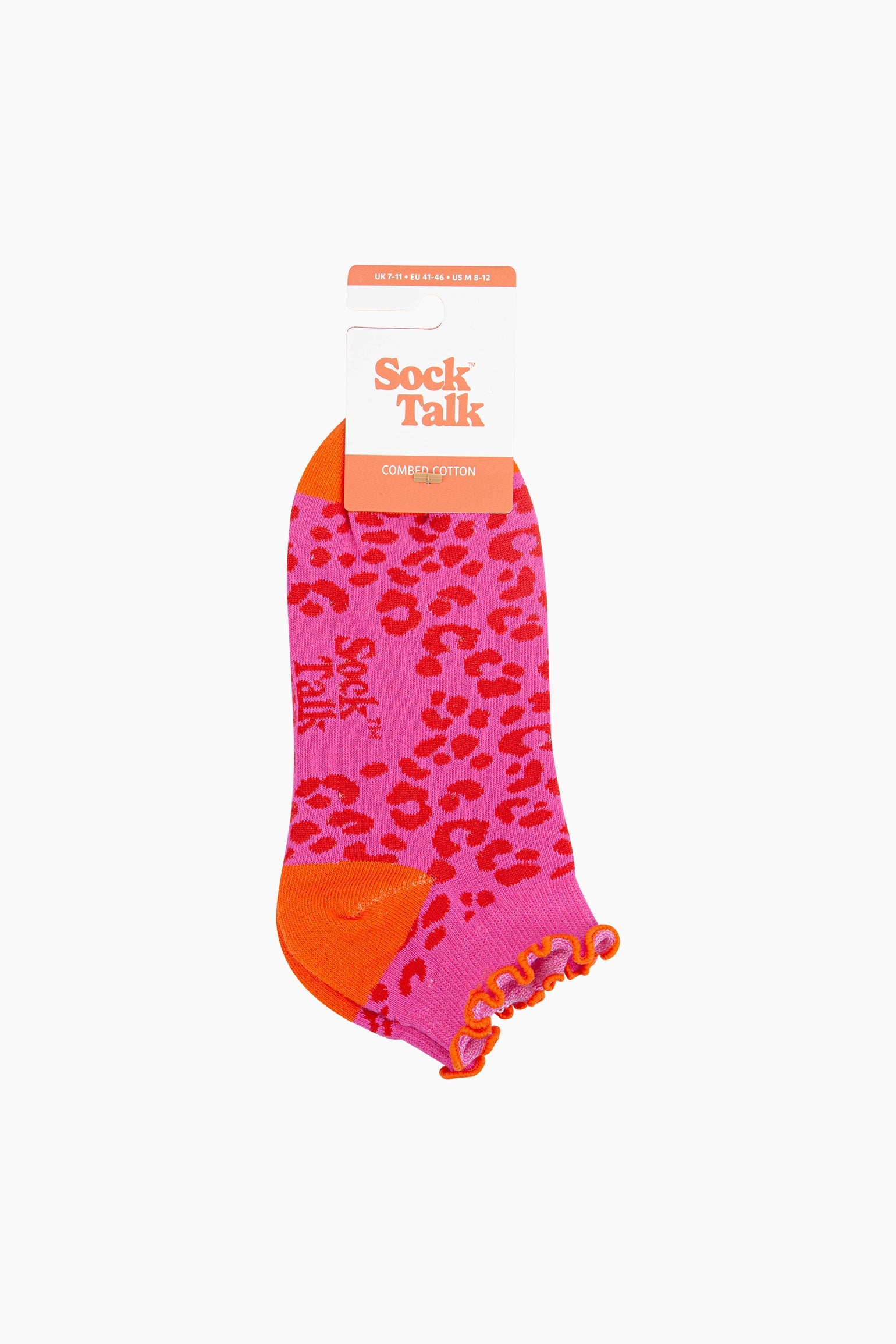 Leopard-Print-Frilled-Cuff-Combed-Cotton-Trainer-Socks-in-Pink-In-Packaging