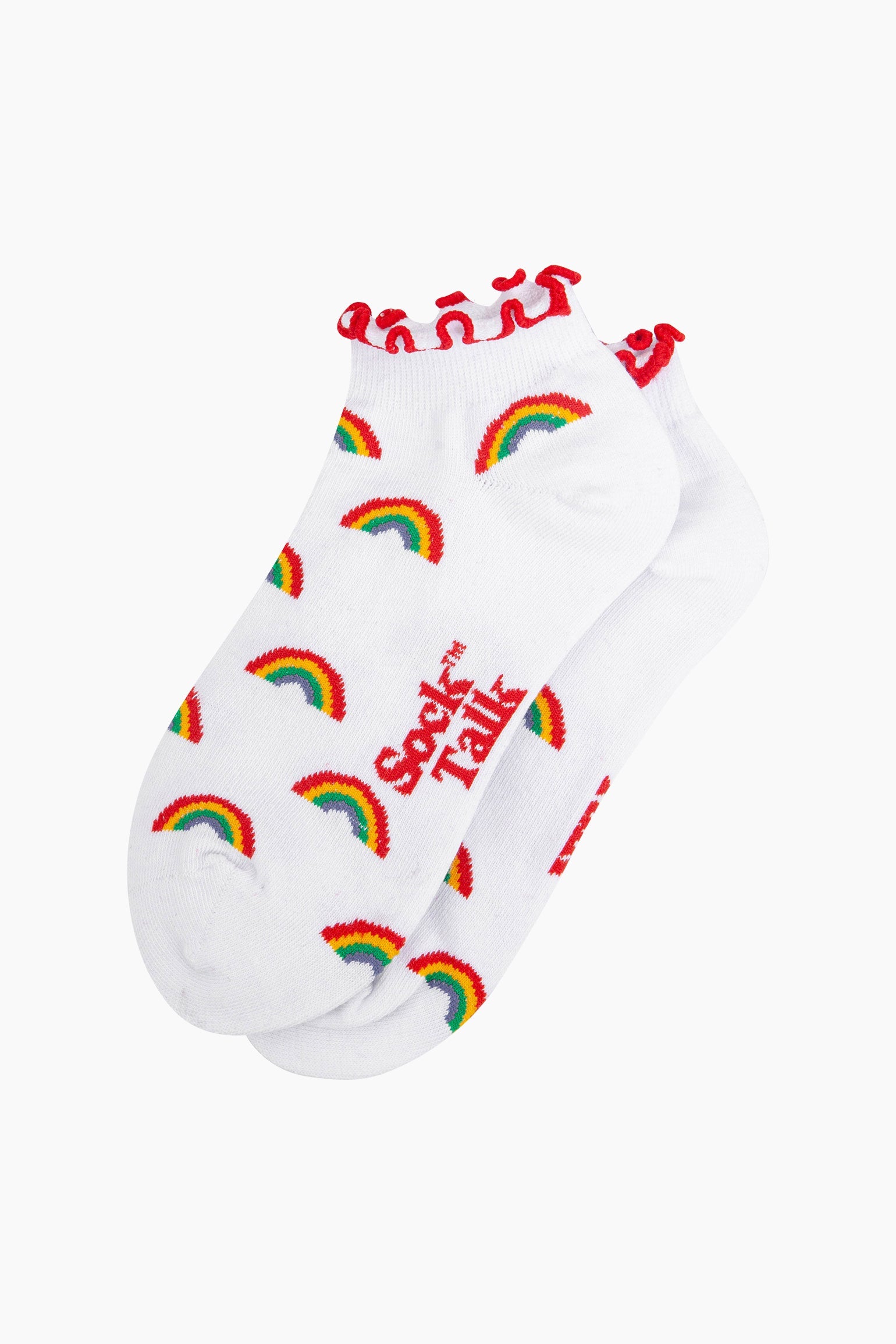 Rainbow-Frilled-Cuff-Combed-Cotton-Trainer-Socks-in-White-Lying-Flat