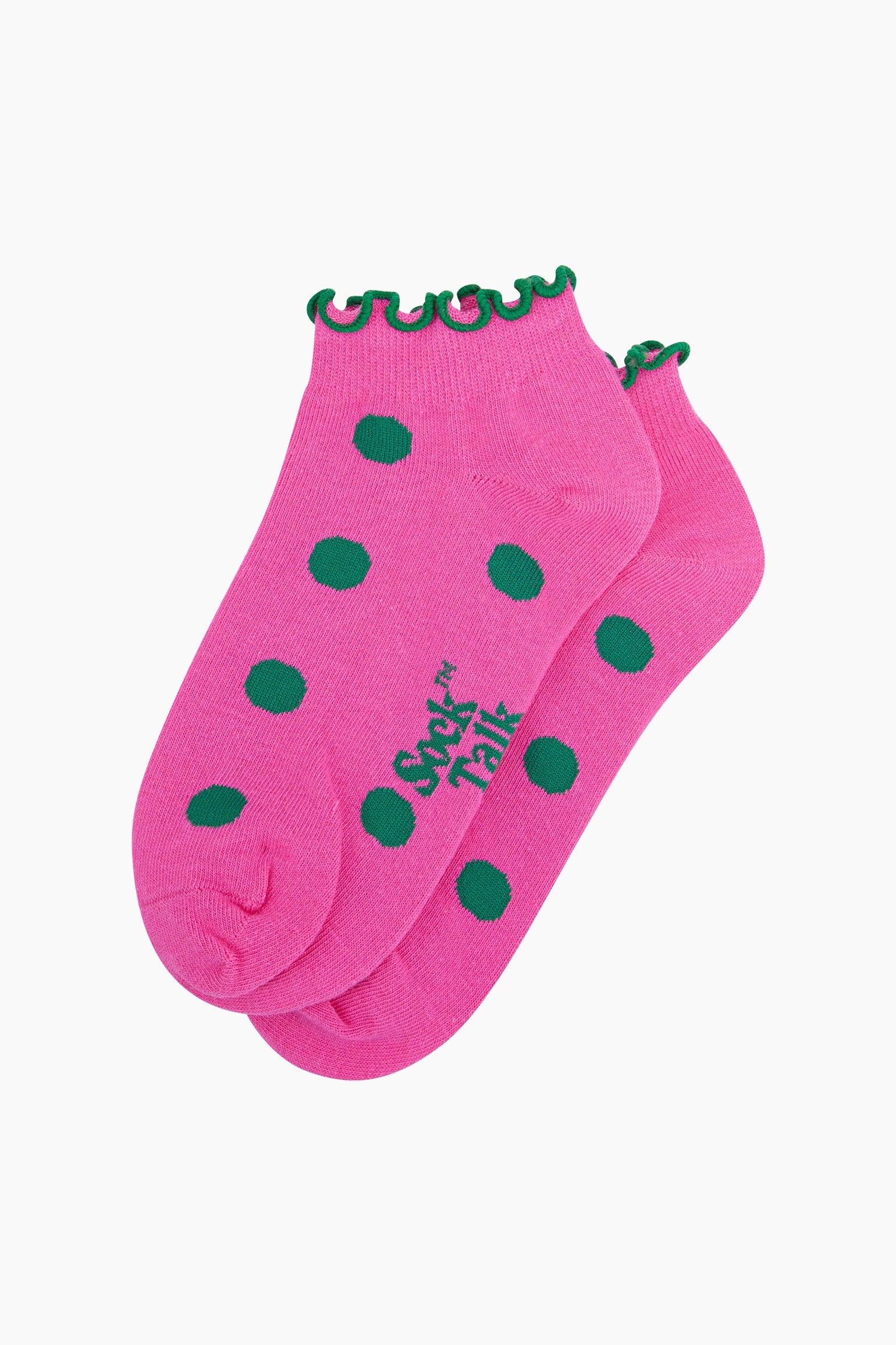 Spotted-Frilled-Cuff-Combed-Cotton-Trainer-Socks-in-Pink-Lying-Flat