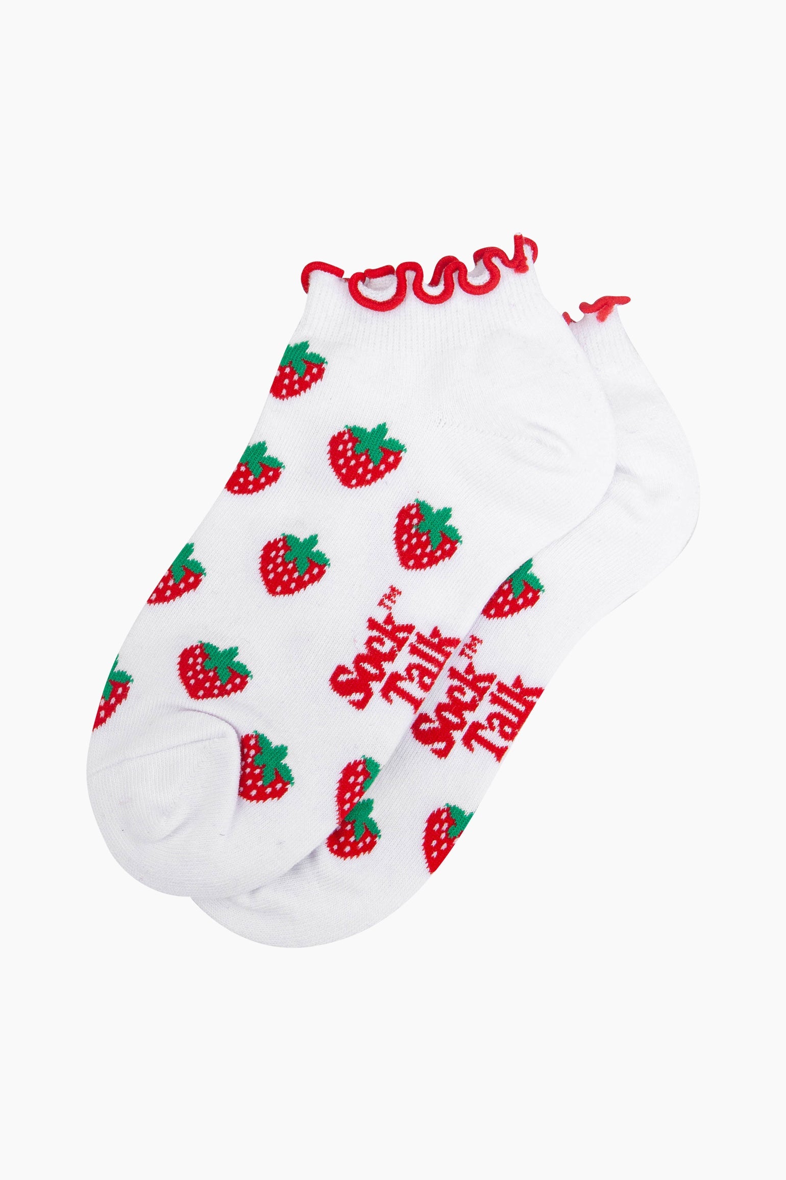 Strawberry-Frilled-Cuff-Combed-Cotton-Trainer-Socks-in-White-Lying-Flat