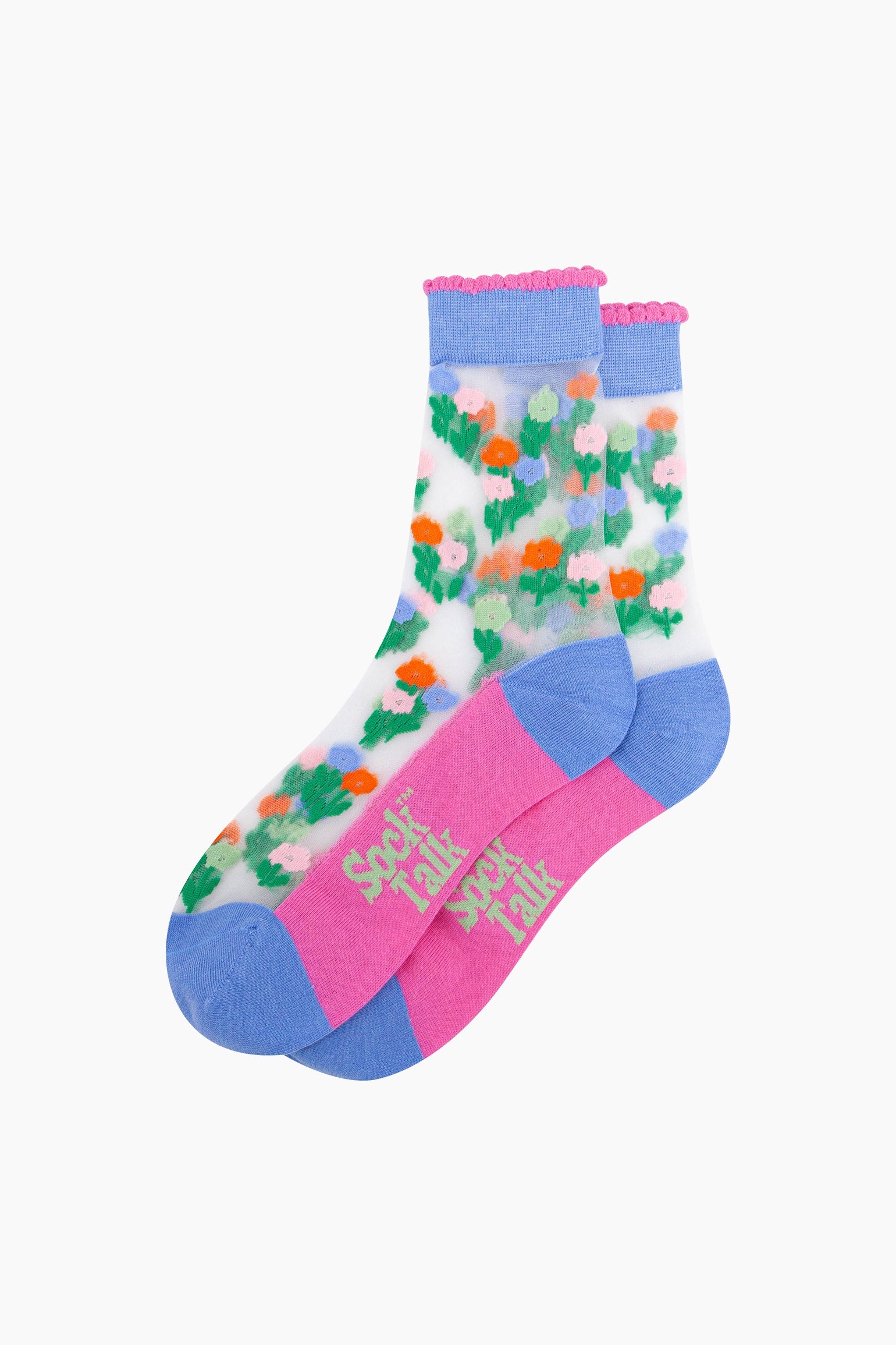 Floral-Posy-Combed-Cotton-Sheer-Pop-Socks-in-Blue-Lying-Flat