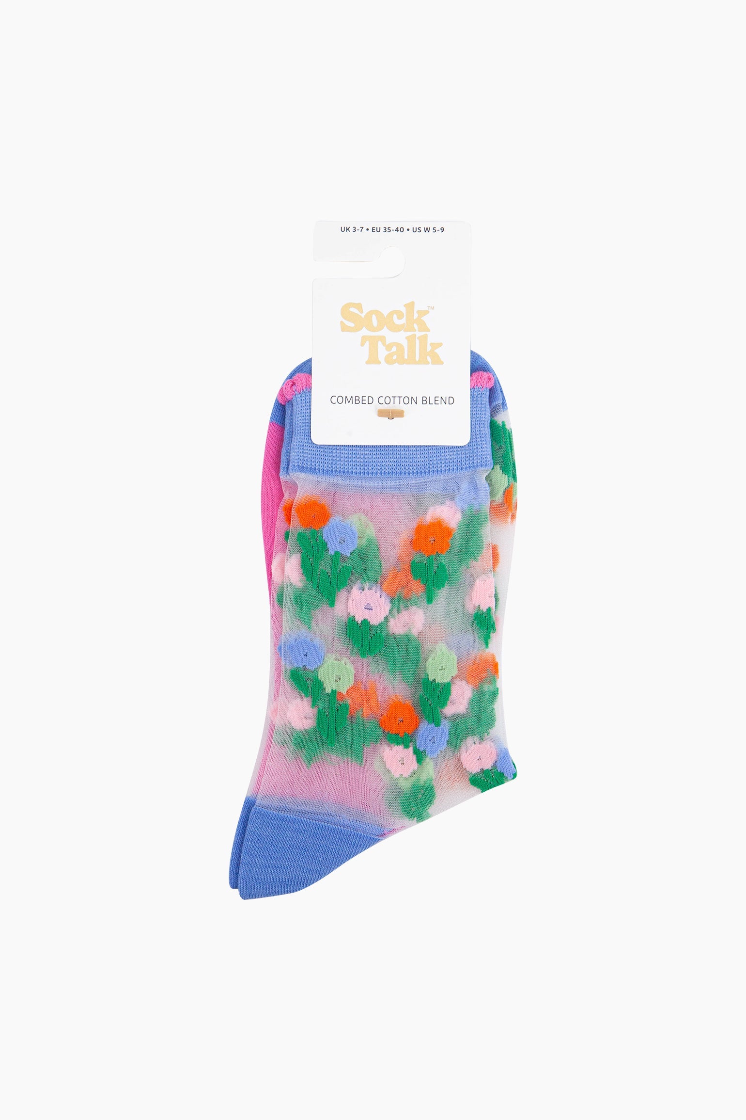 Floral-Posy-Combed-Cotton-Sheer-Pop-Socks-in-Blue-In-Packaging