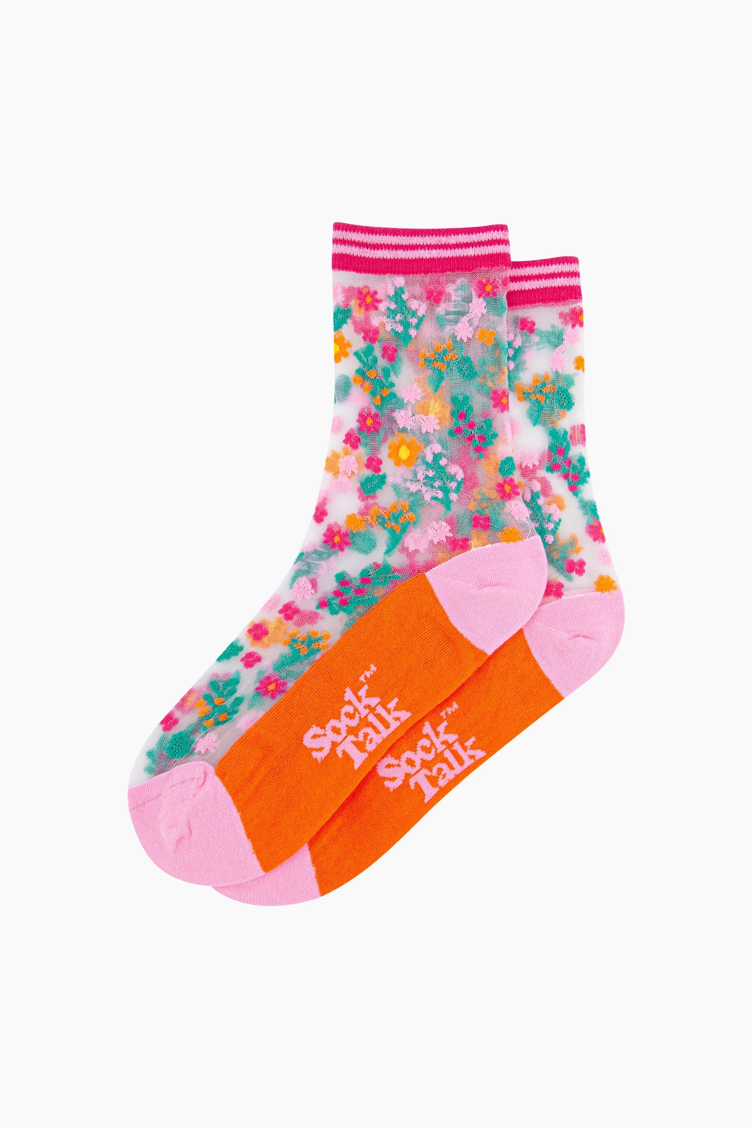 Ditsy-Floral-Combed-Cotton-Sheer-Pop-Socks-in-Orange-Lying-Flat