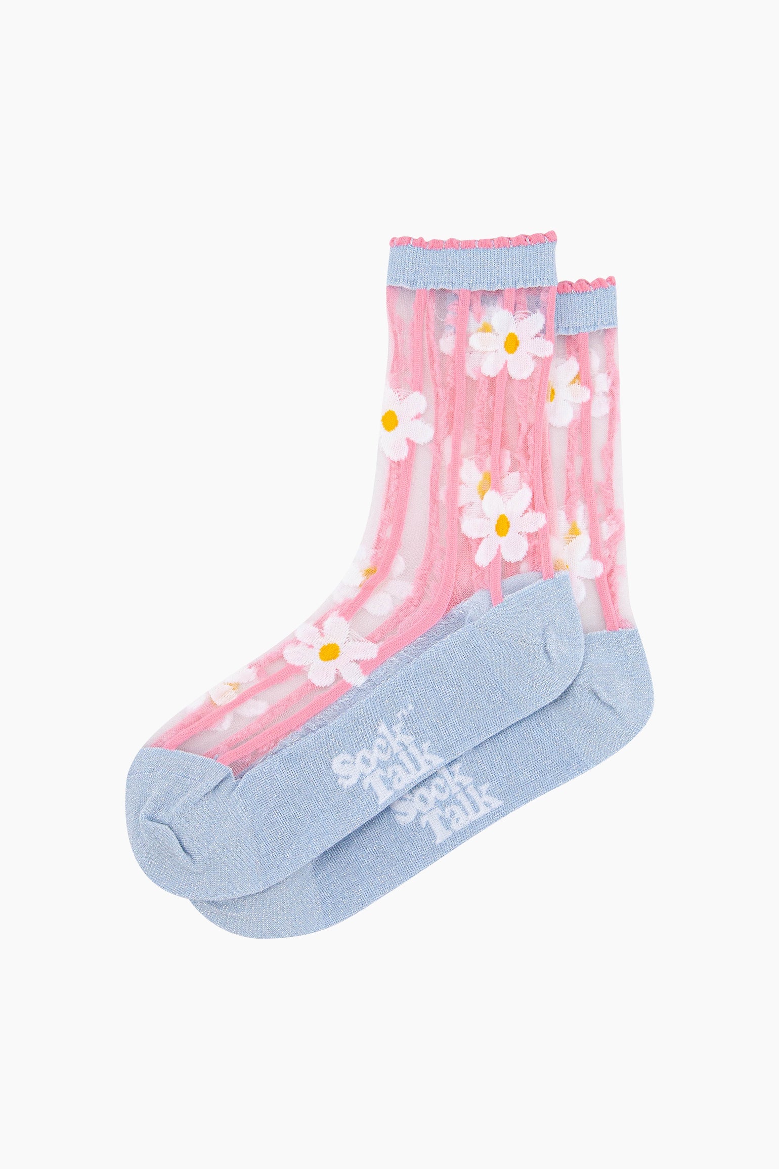 Daisy-Stripes-Combed-Cotton-Sheer-Pop-Socks-in-Blue/Pink-Lying-Flat